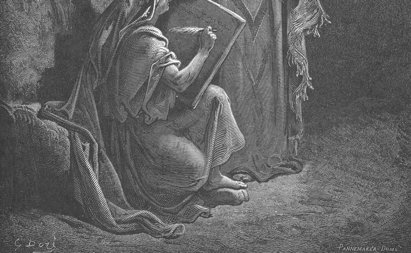 Baruch Writing Jeremiah's Prophecies, wood engraving by Gustave Doré, illustrating Jeremiah 36:4
