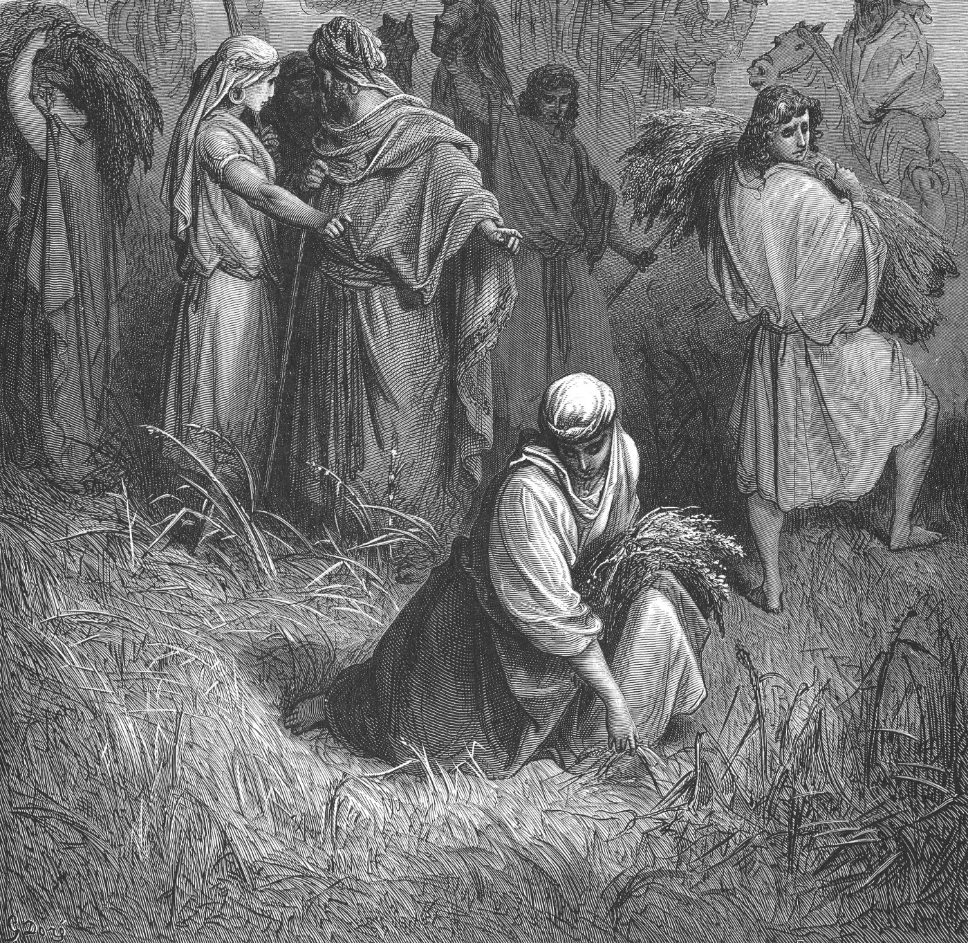 Boaz and Ruth, wood engraving by Gustave Doré, illustrating Ruth 2:22