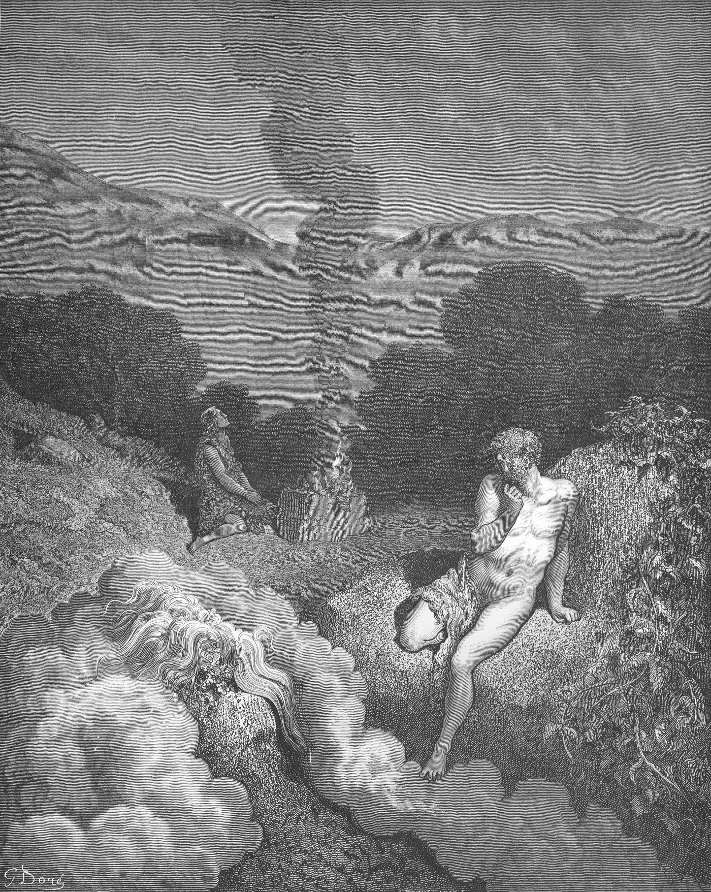 Cain and Abel Offering Their Sacrifices, wood engraving by Gustave Doré, illustrating Genesis 4:3