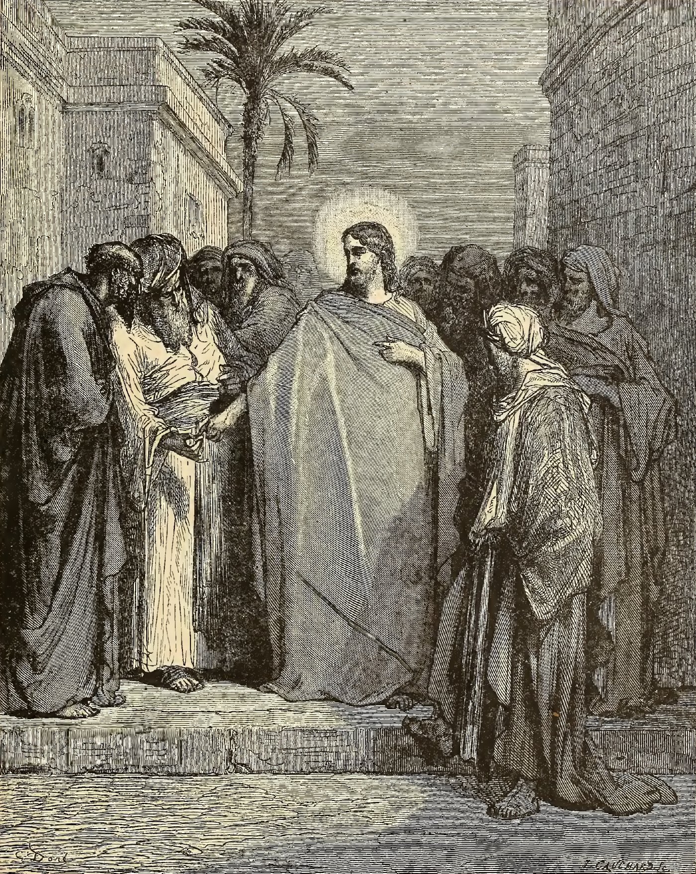 Christ and the Tribute Money, wood engraving by Gustave Doré, illustrating Matthew 22:20