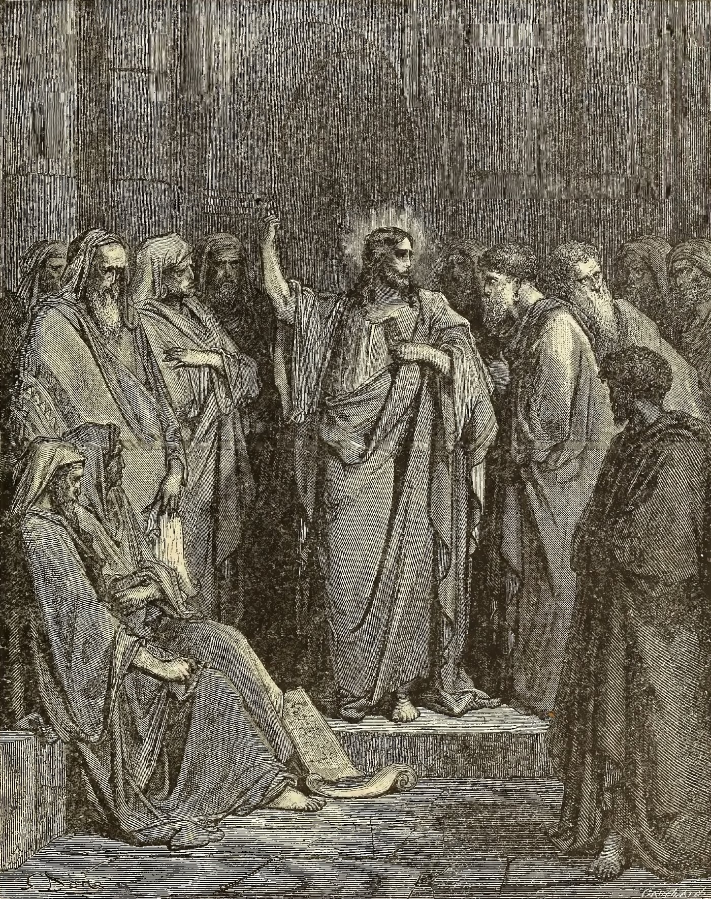Christ in the Synagogue, wood engraving by Gustave Doré, illustrating Matthew 13:54