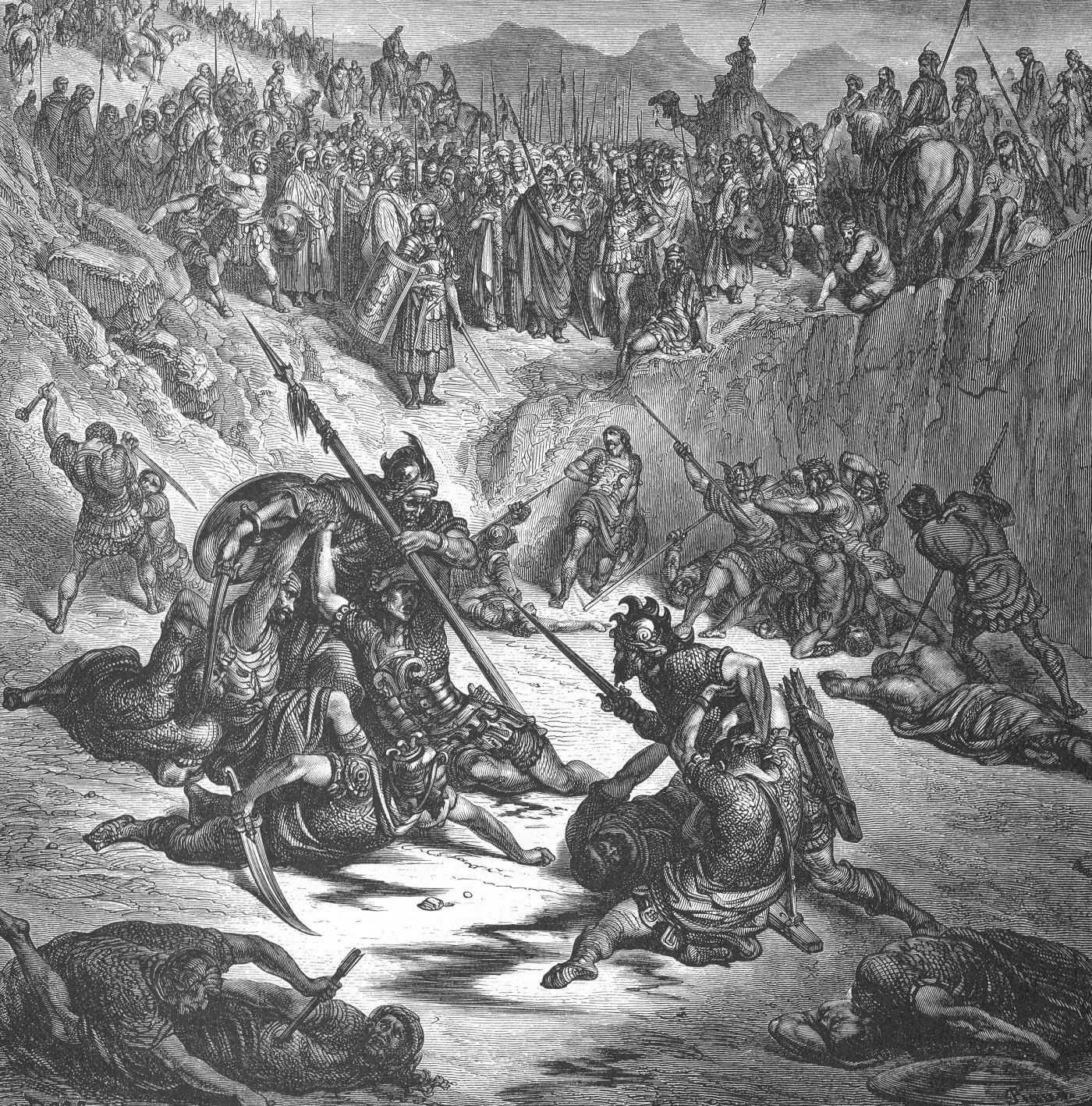 Combat Between Champions of Ish Bosheth David, wood engraving by Gustave Doré, illustrating 2 Samuel 2:15