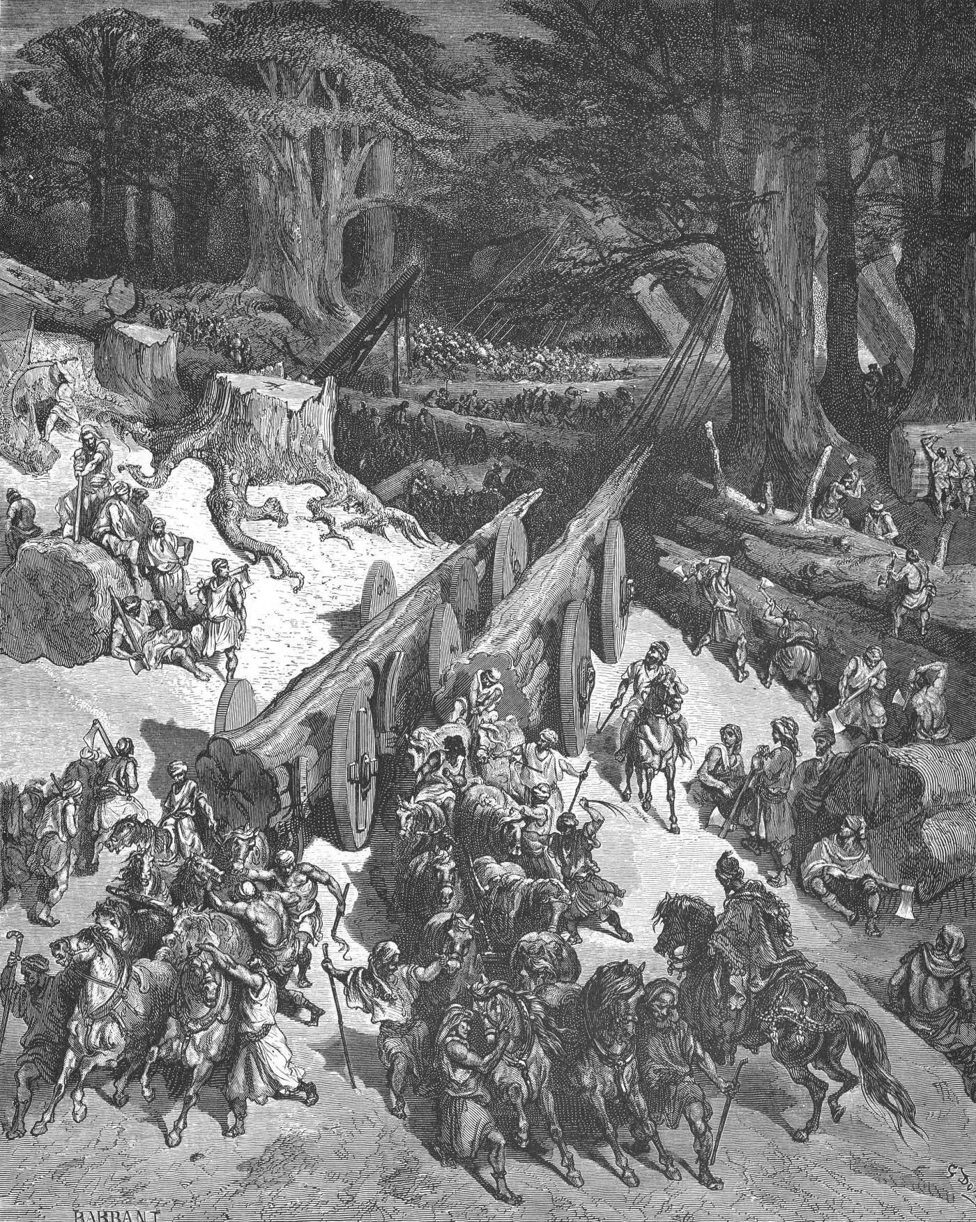 Cutting Down Cedars for Construction Temple, wood engraving by Gustave Doré, illustrating 1 Kings 5:5