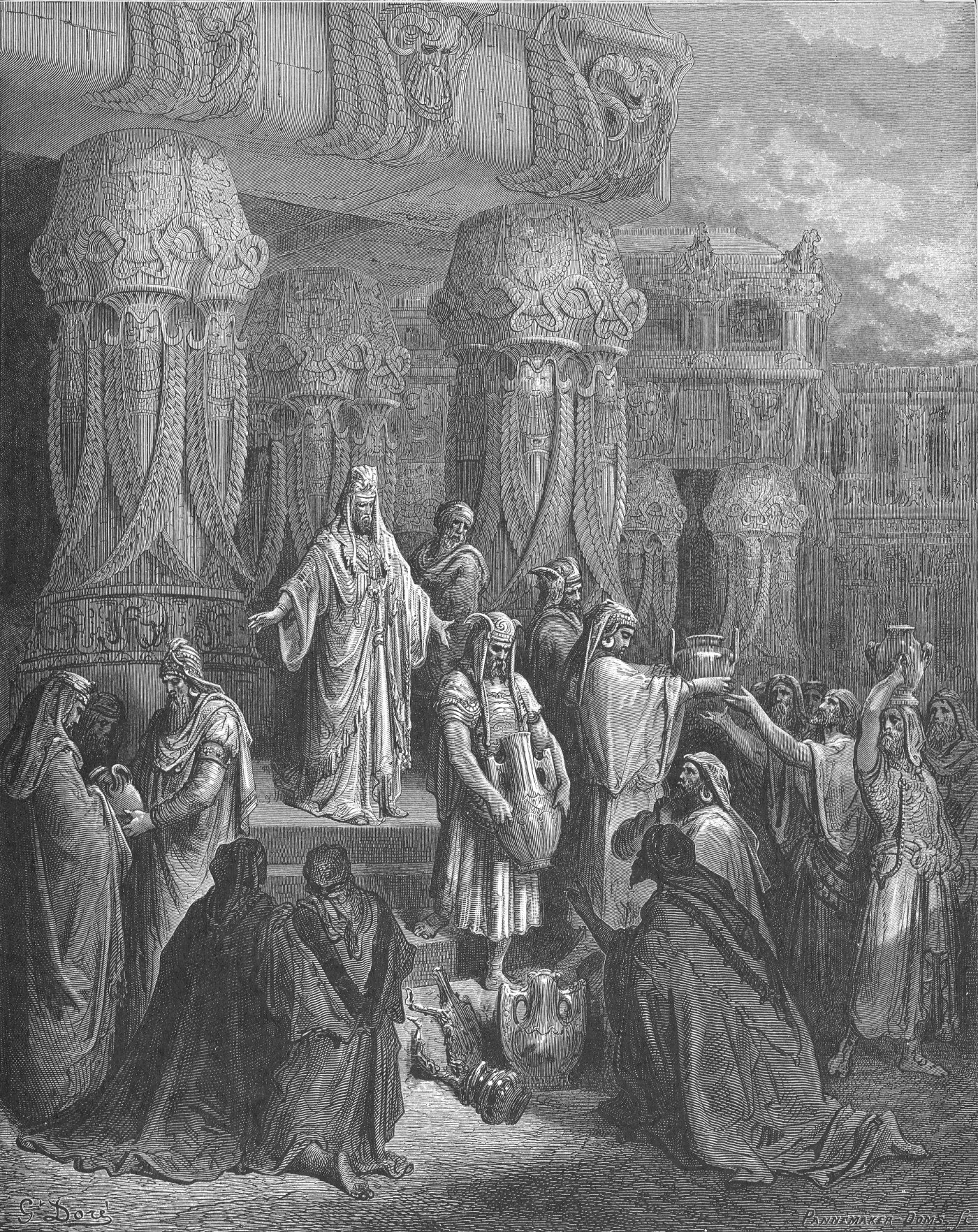 Cyrus Restoring the Vessels of the Temple, wood engraving by Gustave Doré, illustrating Ezra 1:7