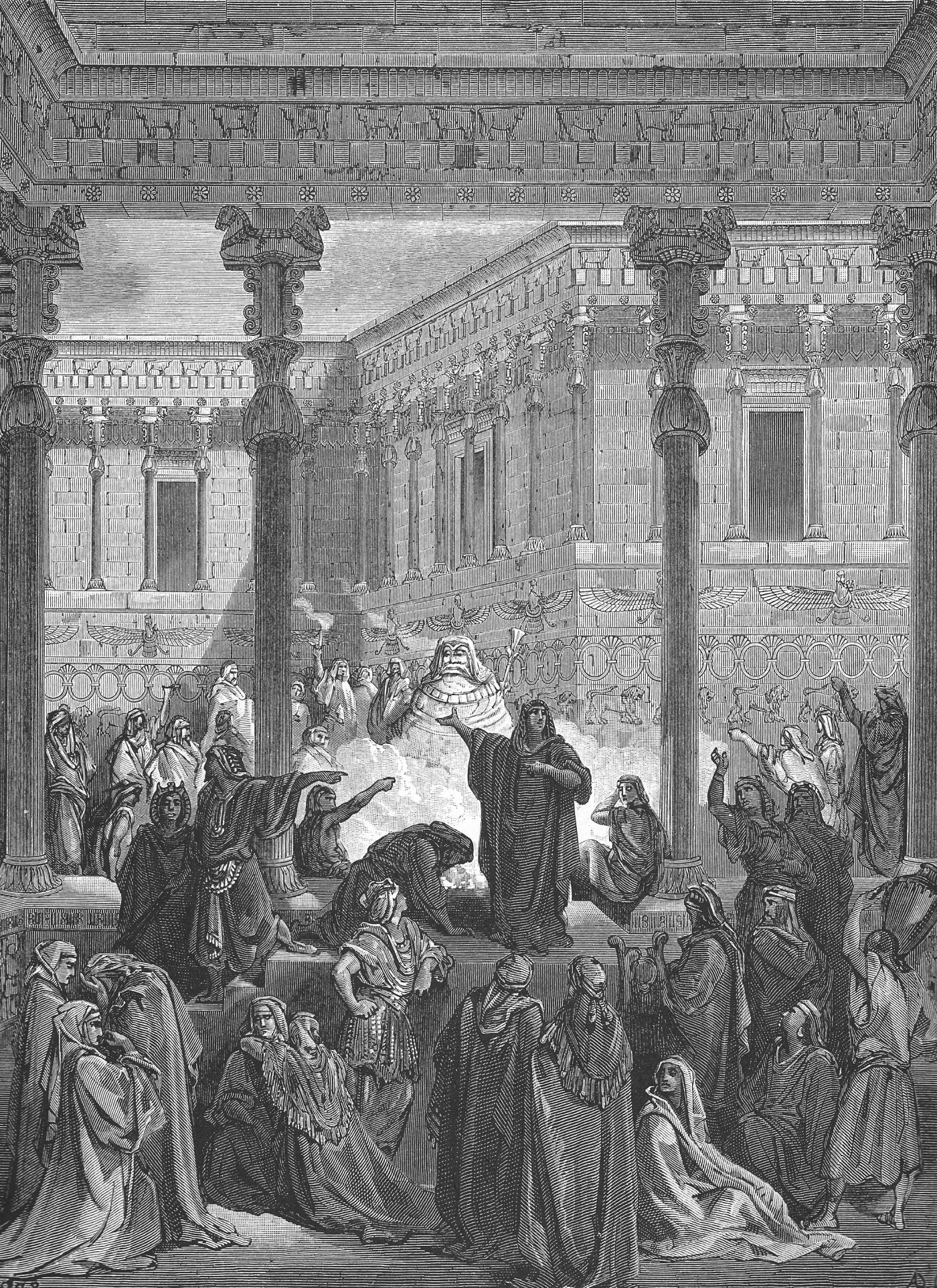 Daniel Confounding the Priests of Bel, wood engraving by Gustave Doré, illustrating Bel and the Dragon