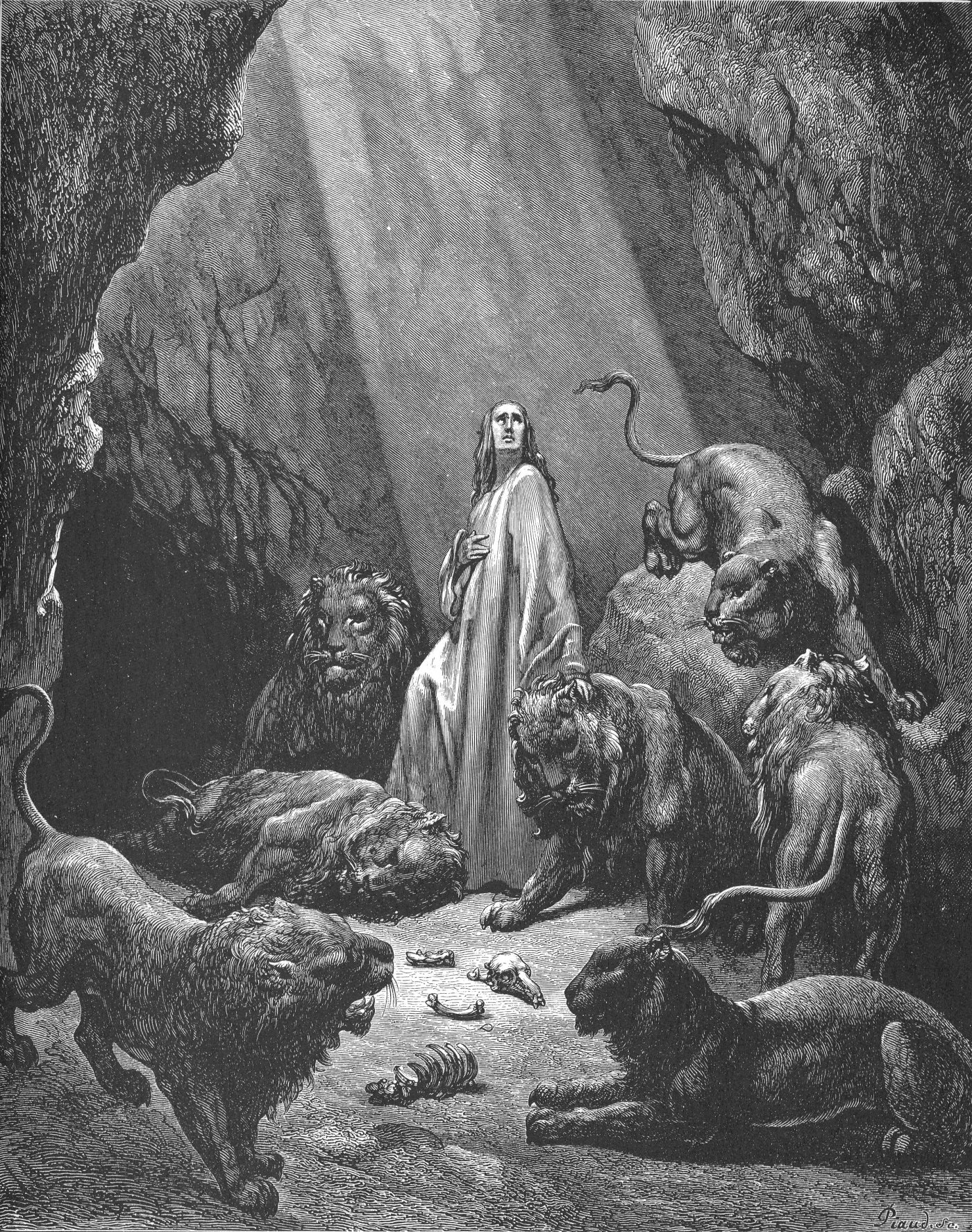 Daniel in the Den of Lions, wood engraving by Gustave Doré, illustrating Daniel 6:20