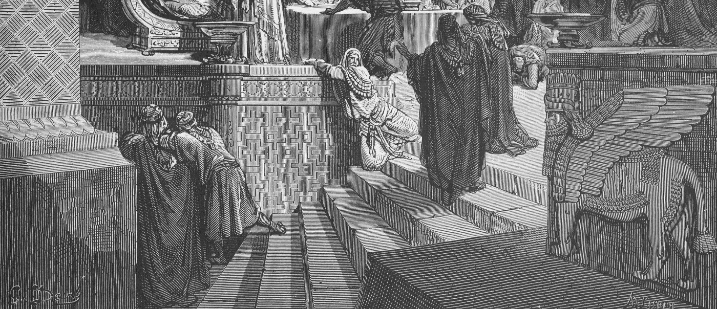 Daniel Interpreting Writing on the Wall, wood engraving by Gustave Doré, illustrating Daniel 5:5