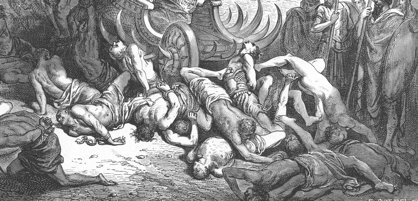 David Punishing the Ammonites, wood engraving by Gustave Doré, illustrating 2 Samuel 12:31