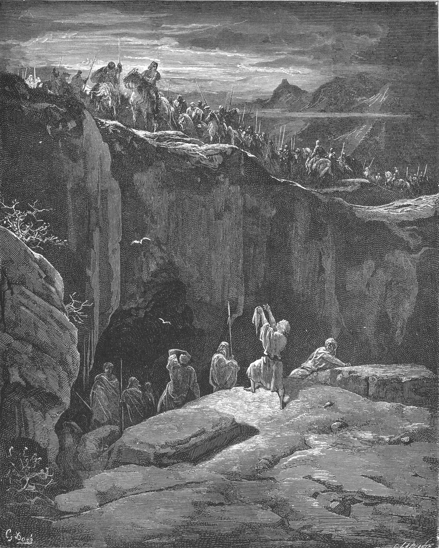 David Showing Saul Spared His Life, wood engraving by Gustave Doré, illustrating 1 Samuel 24:10