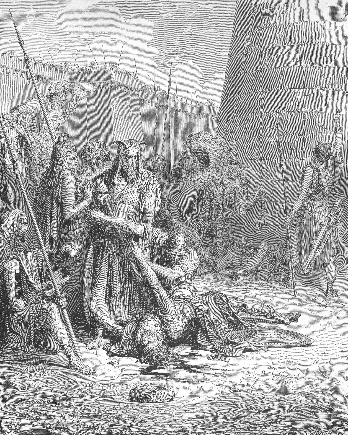 Death of Abimelech, wood engraving by Gustave Doré, illustrating Judges 9:52