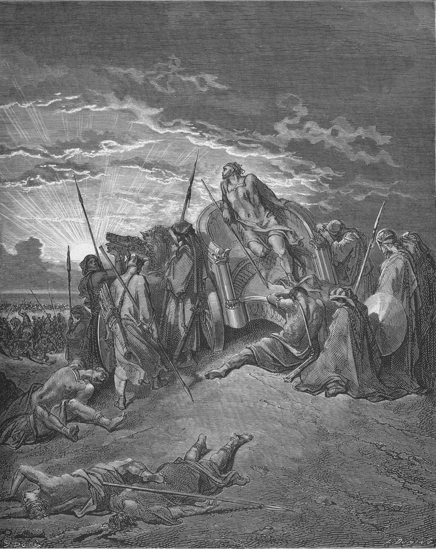 Death of Ahab, wood engraving by Gustave Doré, illustrating 1 Kings 22:35