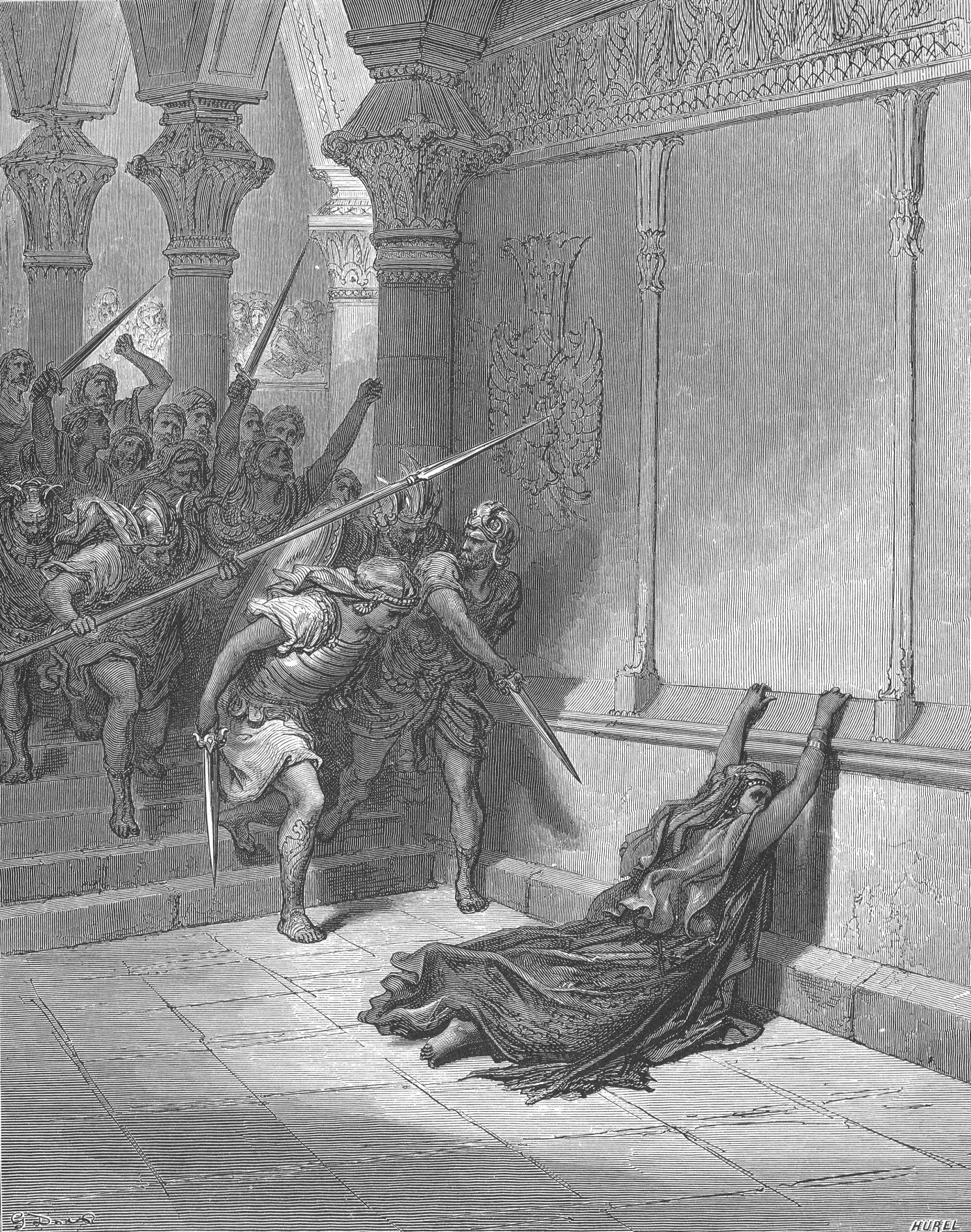 Death of Athaliah, wood engraving by Gustave Doré, illustrating 2 Chronicles 23:13