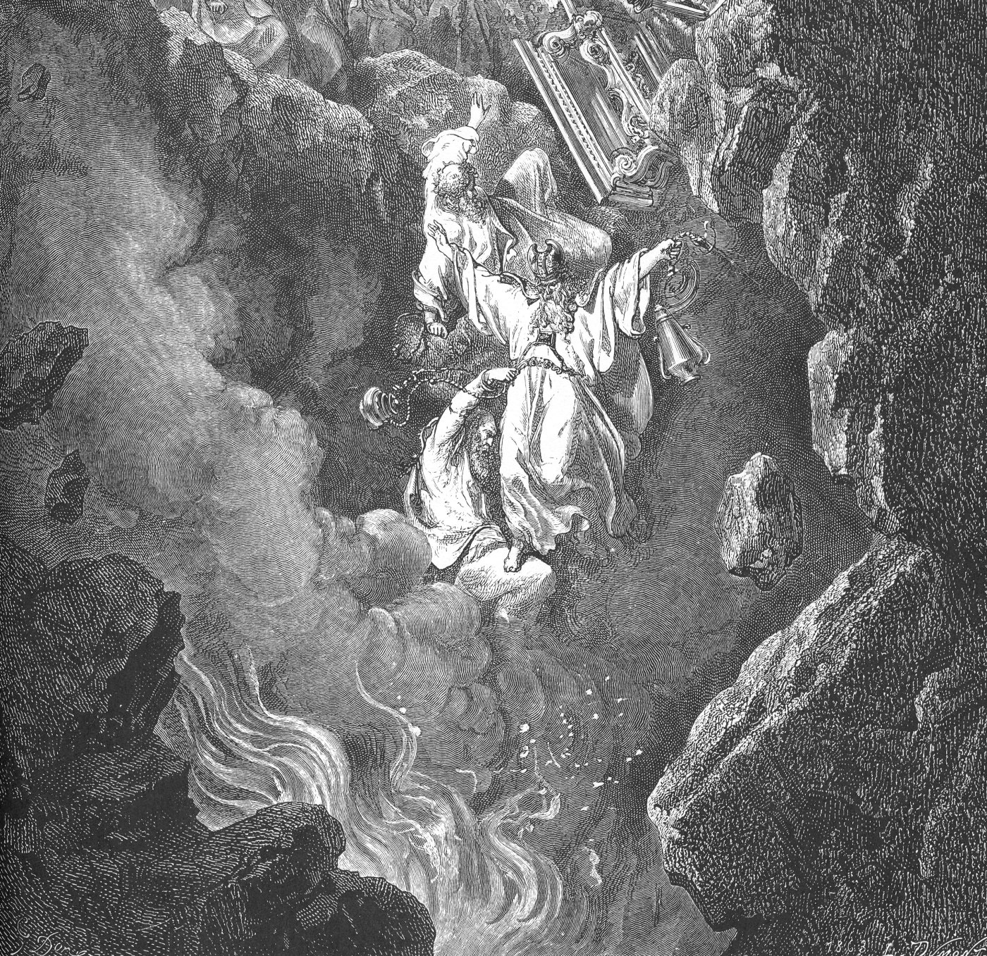 Death of Korah Dathan and Abiram, wood engraving by Gustave Doré, illustrating Numbers 16:32