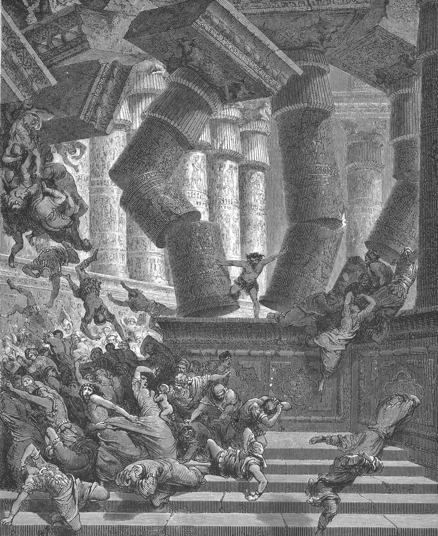 Death of Samson, wood engraving by Gustave Doré, illustrating Judges 16:30