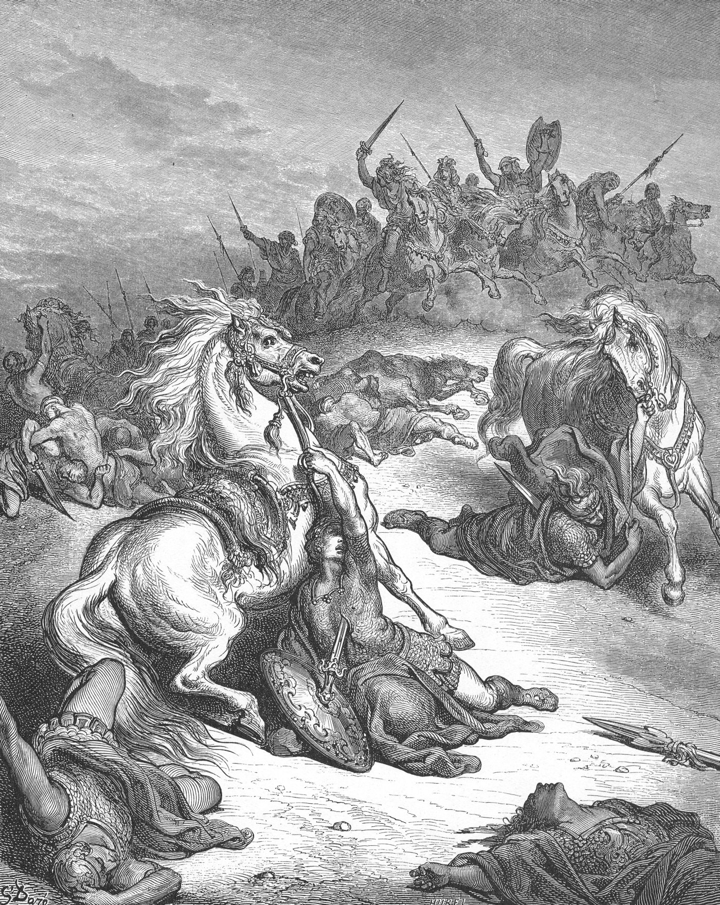 Death of Saul, wood engraving by Gustave Doré, illustrating 1 Samuel 31:5