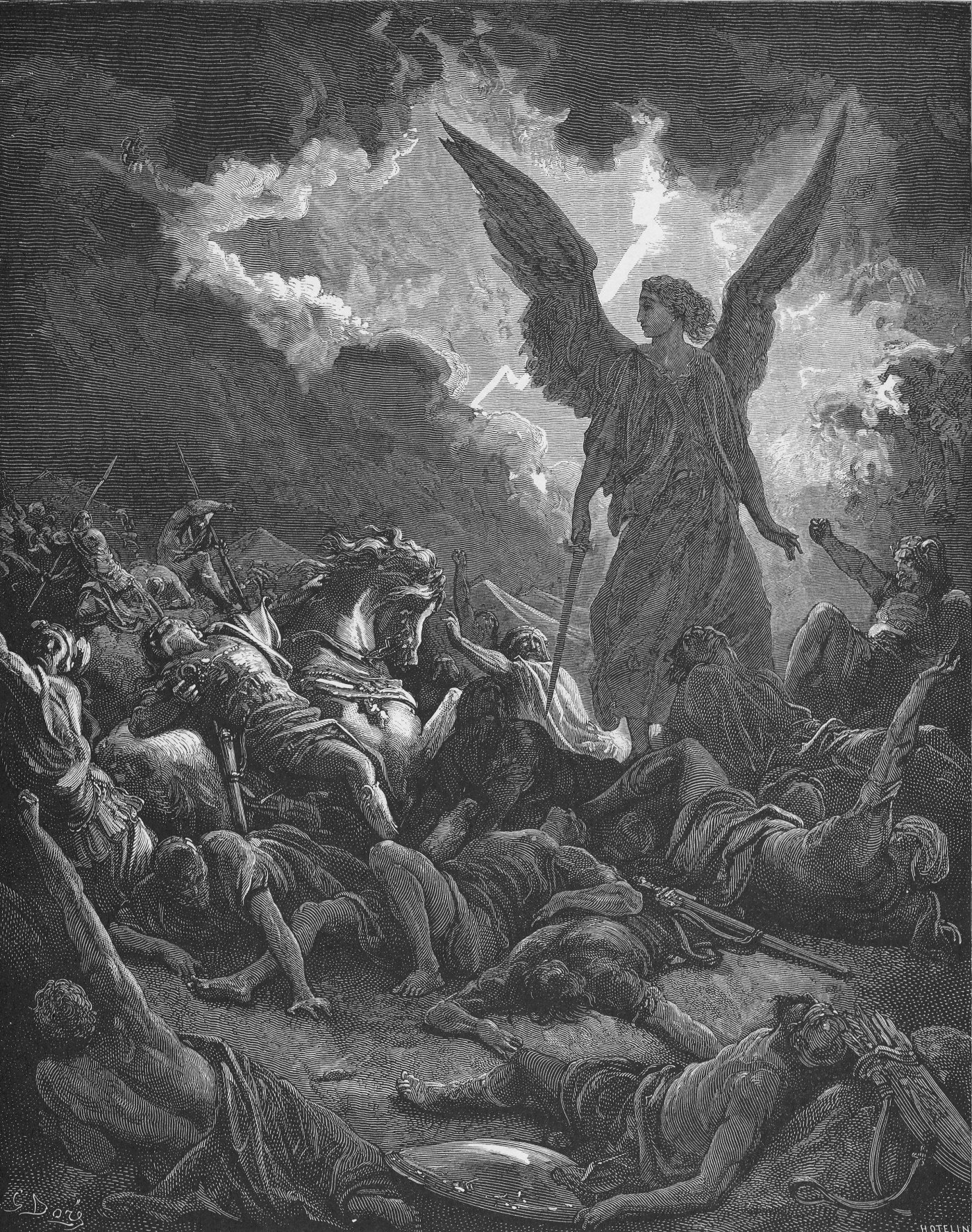 Destruction of Army of Sennacherib, wood engraving by Gustave Doré, illustrating 2 Kings 19:35