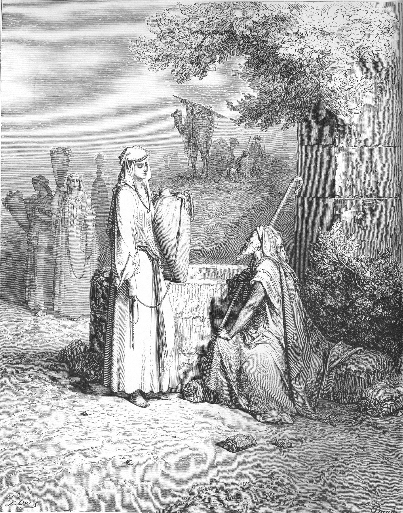 Eliezer and Rebekah, wood engraving by Gustave Doré, illustrating Genesis 24:16