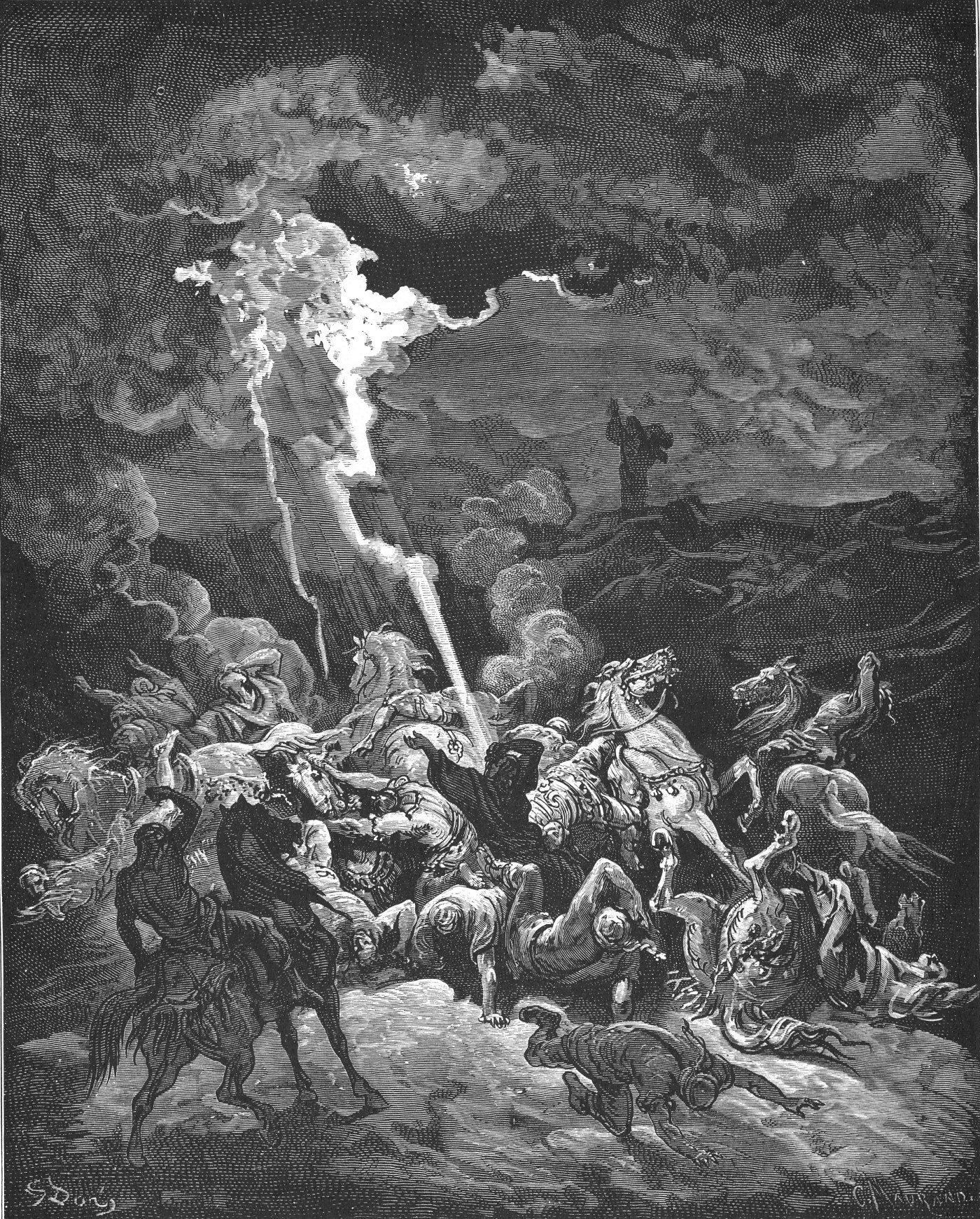 Elijah Destroys Messengers of Ahaziah by Fire, wood engraving by Gustave Doré, illustrating 2 Kings 1:10
