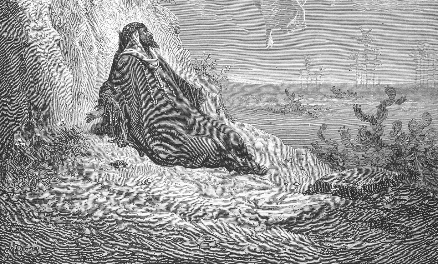 Elijah Nourished by an Angel, wood engraving by Gustave Doré, illustrating 1 Kings 19:5