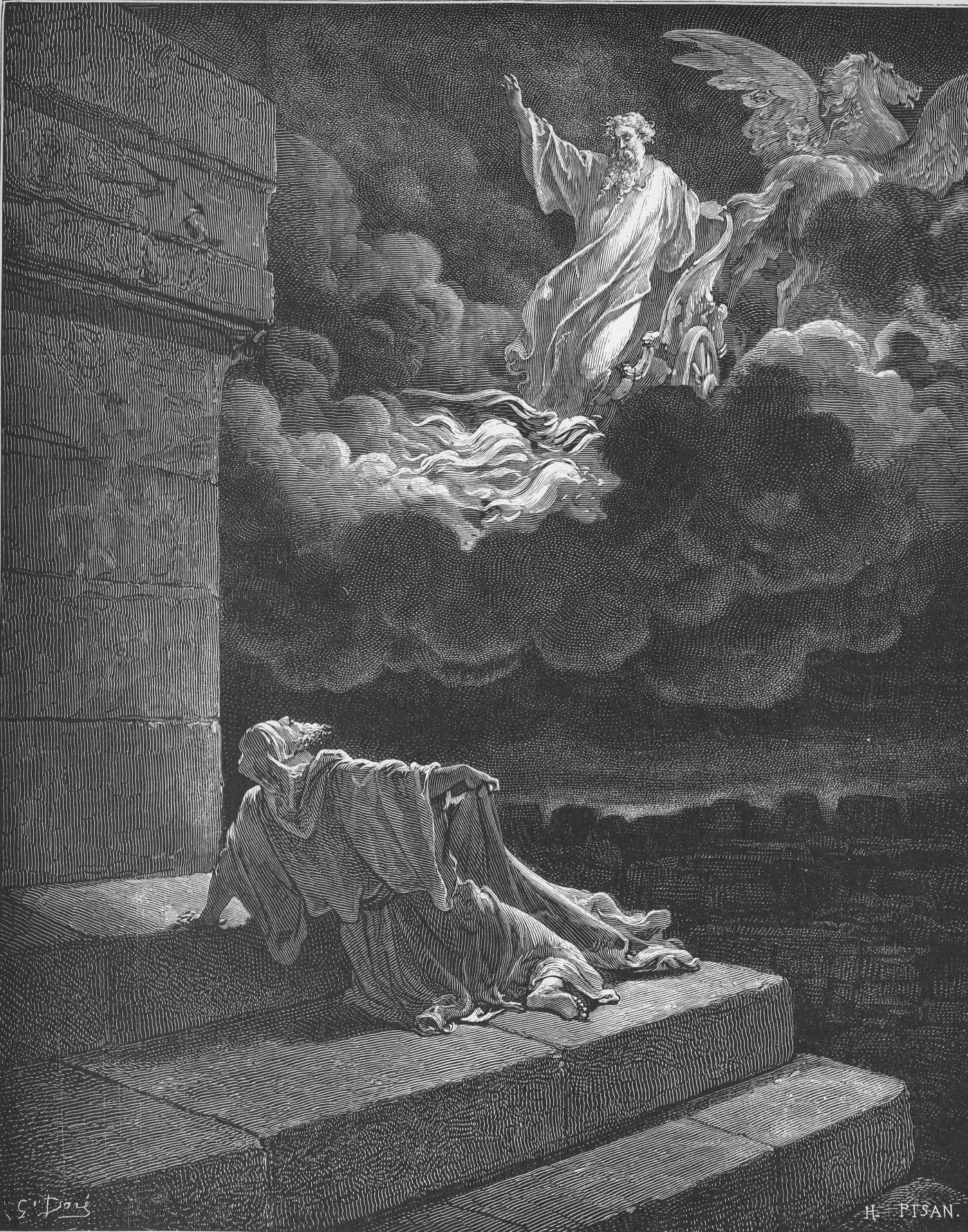 Elijah Taken Up to Heaven in a Chariot of Fire, wood engraving by Gustave Doré, illustrating 2 Kings 2:11