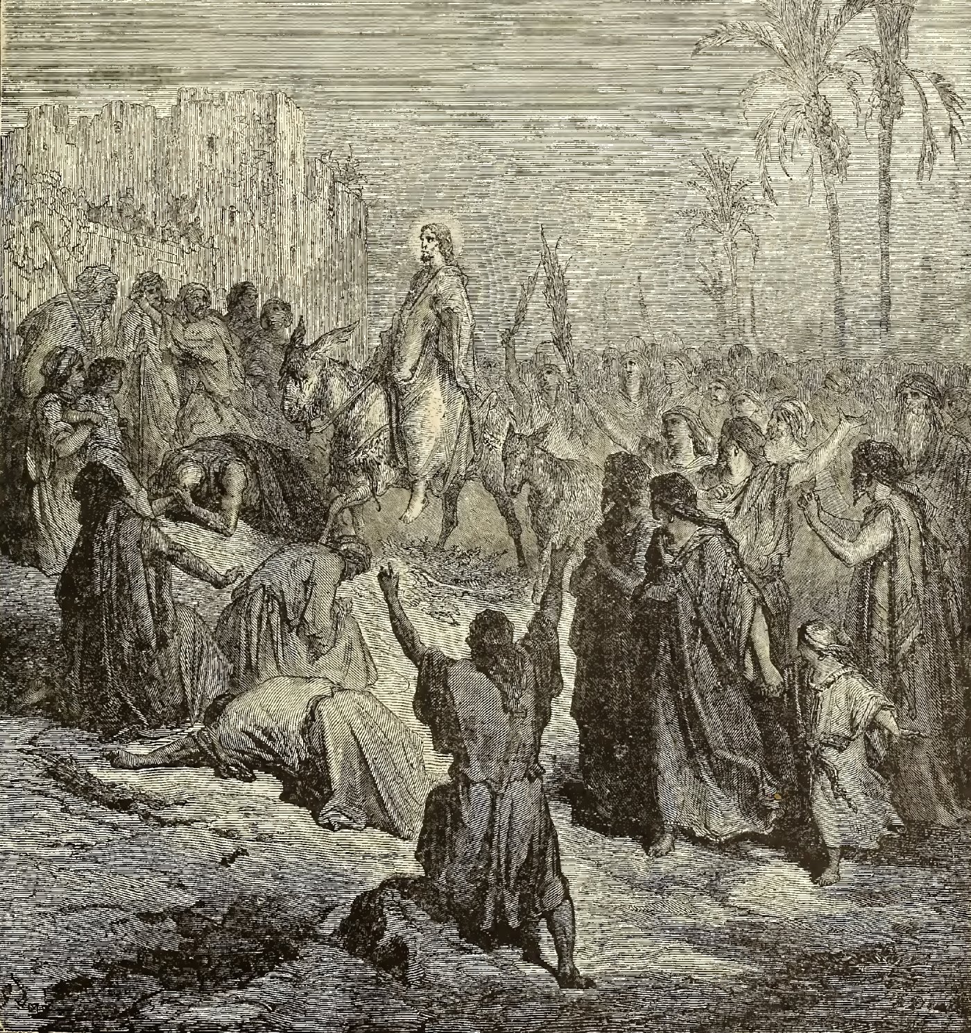 Entry of Jesus into Jerusalem, wood engraving by Gustave Doré, illustrating Matthew 21:7