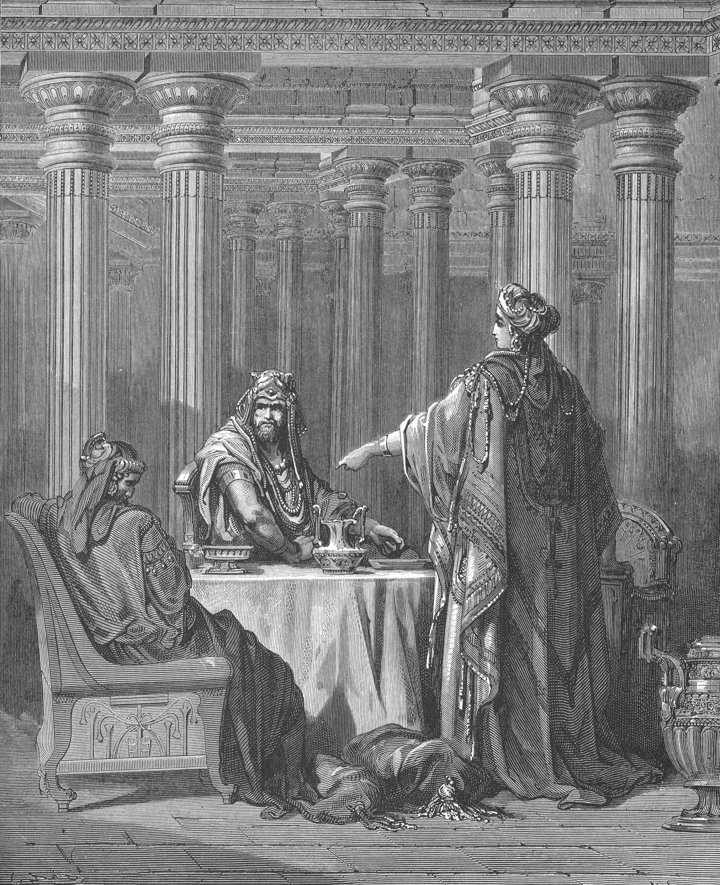 Esther Accusing Haman, wood engraving by Gustave Doré, illustrating Esther 7:5