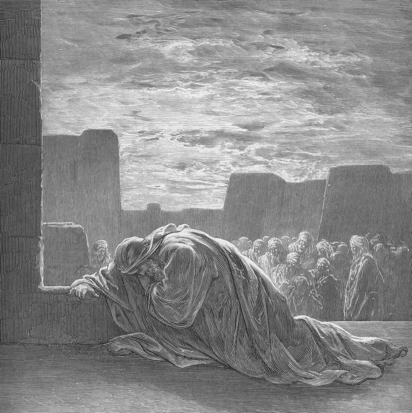 Ezra in Prayer, wood engraving by Gustave Doré, illustrating Ezra 9:6