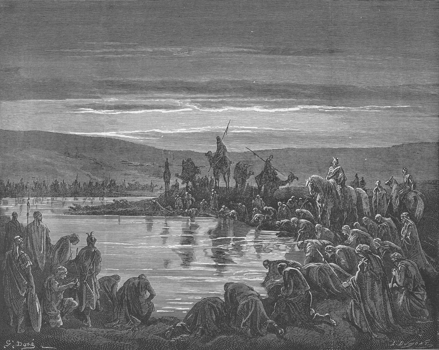 Gideon Choosing His Soldiers, wood engraving by Gustave Doré, illustrating Judges 7:7