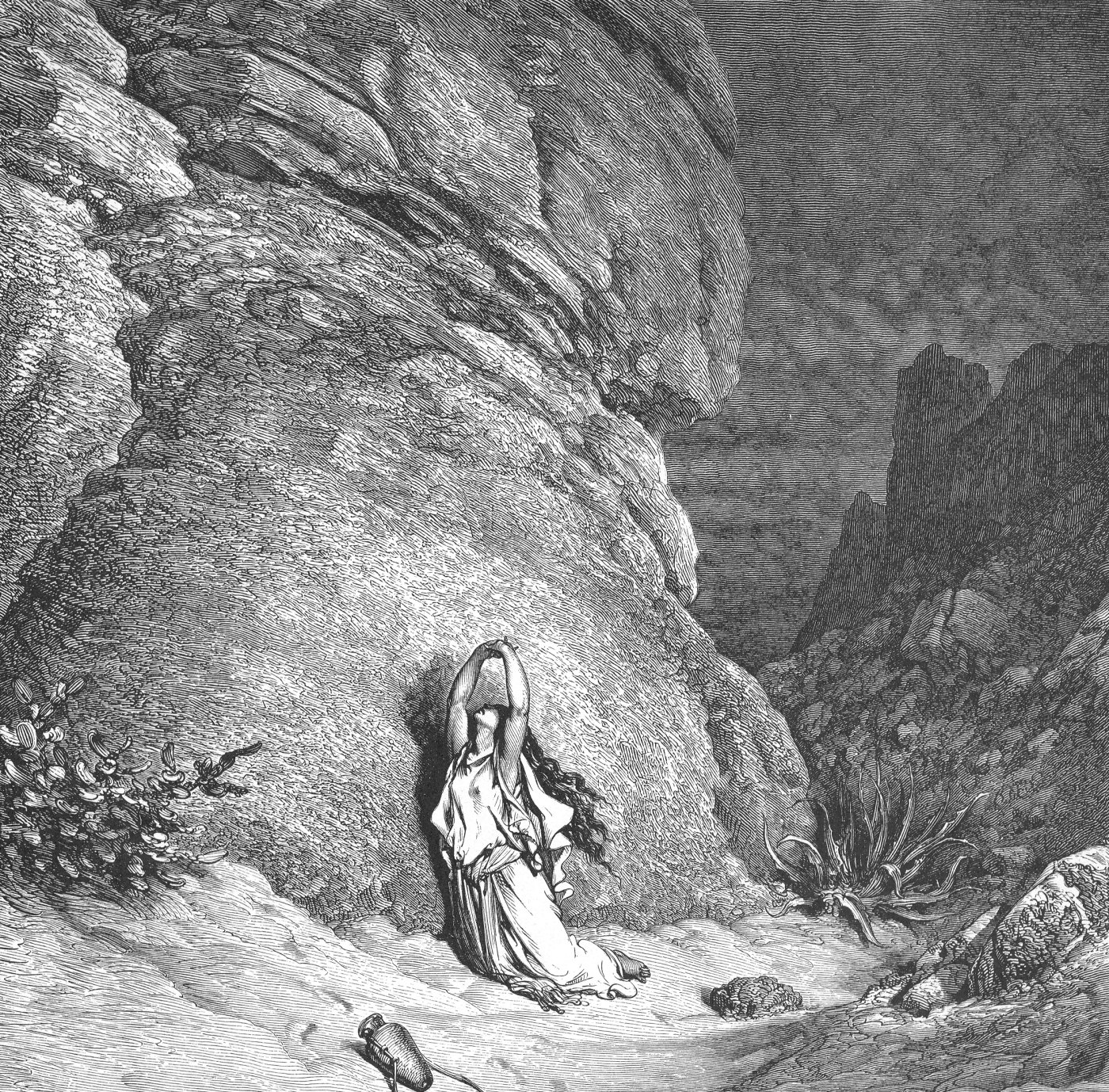 Hagar and Ishmael in the Wilderness, wood engraving by Gustave Doré, illustrating Genesis 21:17