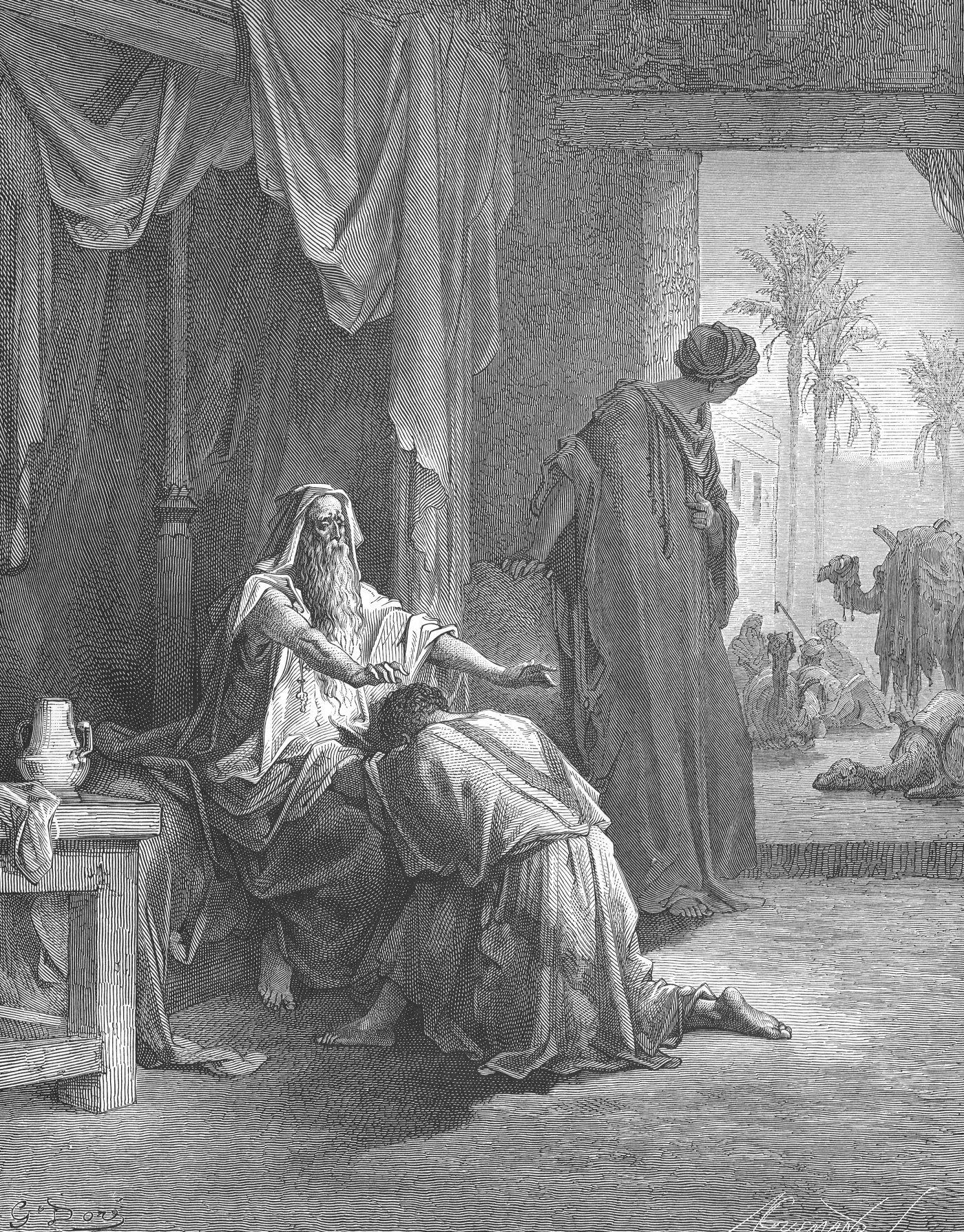 Isaac Blessing Jacob, wood engraving by Gustave Doré, illustrating Genesis 27:29