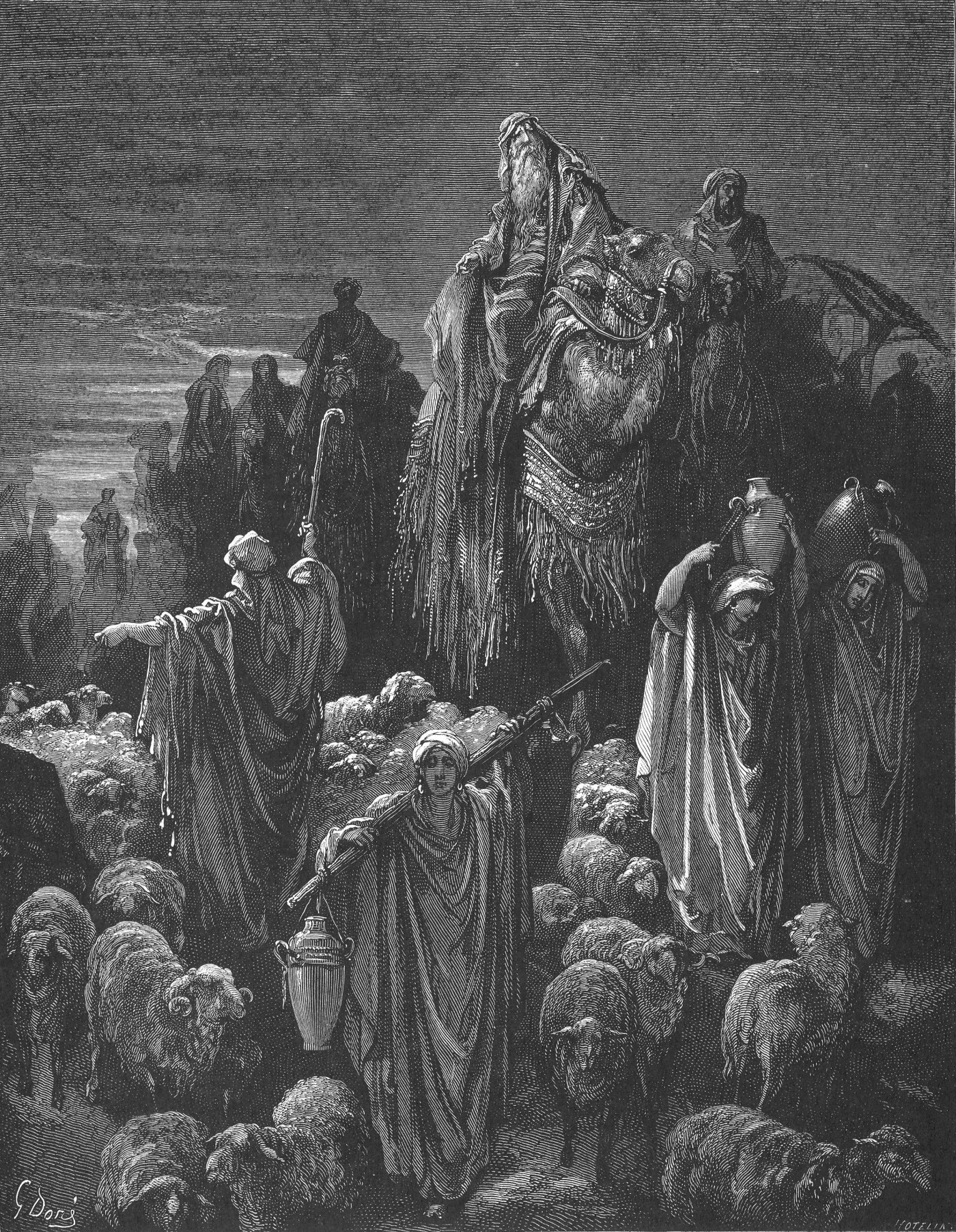 Jacob Goeth into Egypt, wood engraving by Gustave Doré, illustrating Genesis 46:5