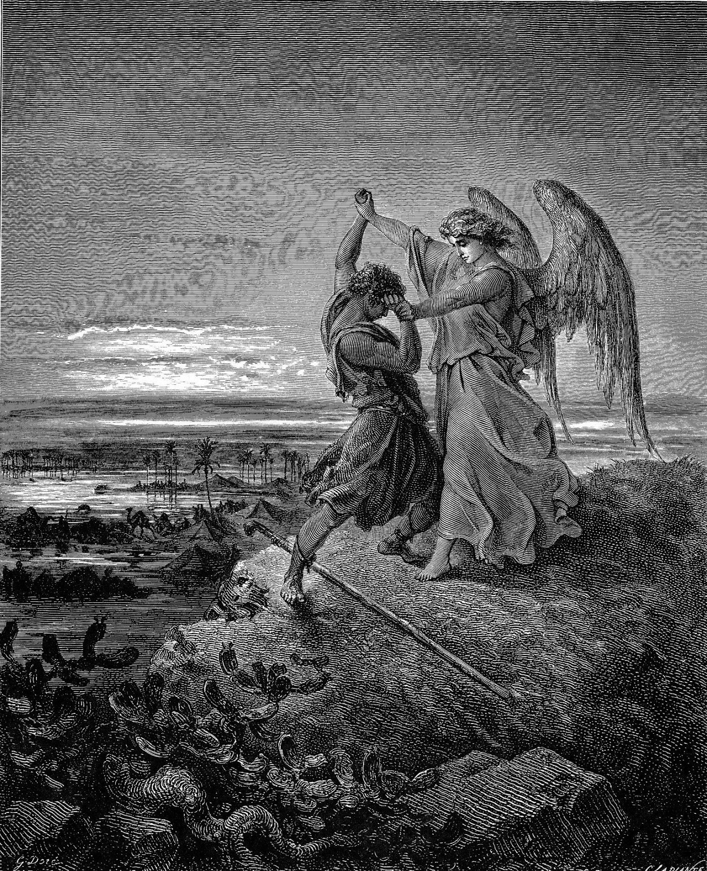 Jacob Wrestling with the Angel, wood engraving by Gustave Doré, illustrating Genesis 32:24