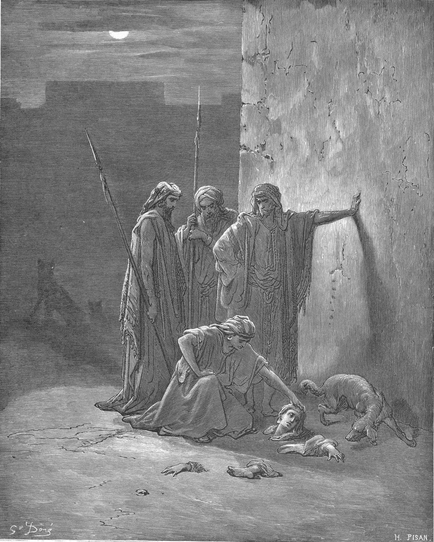 Jehu's Companions Finding Remains of Jezebel, wood engraving by Gustave Doré, illustrating 2 Kings 9:34