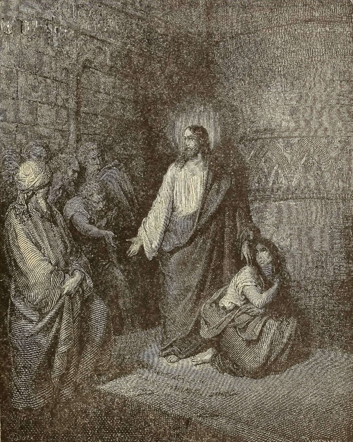 Jesus and the Woman Taken in Adultery, wood engraving by Gustave Doré, illustrating John 8:3