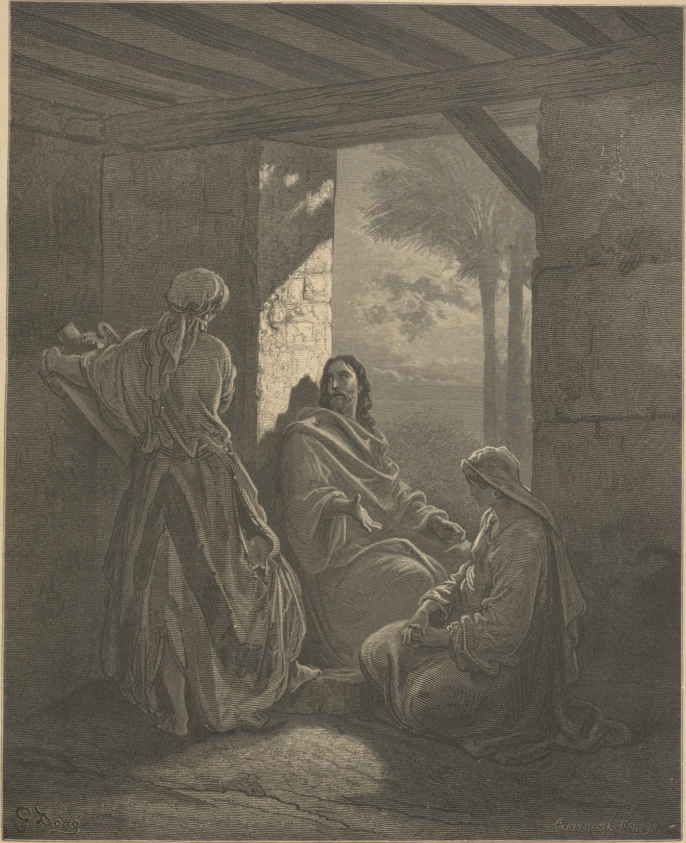 Jesus at the House of Martha and Mary, wood engraving by Gustave Doré, illustrating Luke 10:41