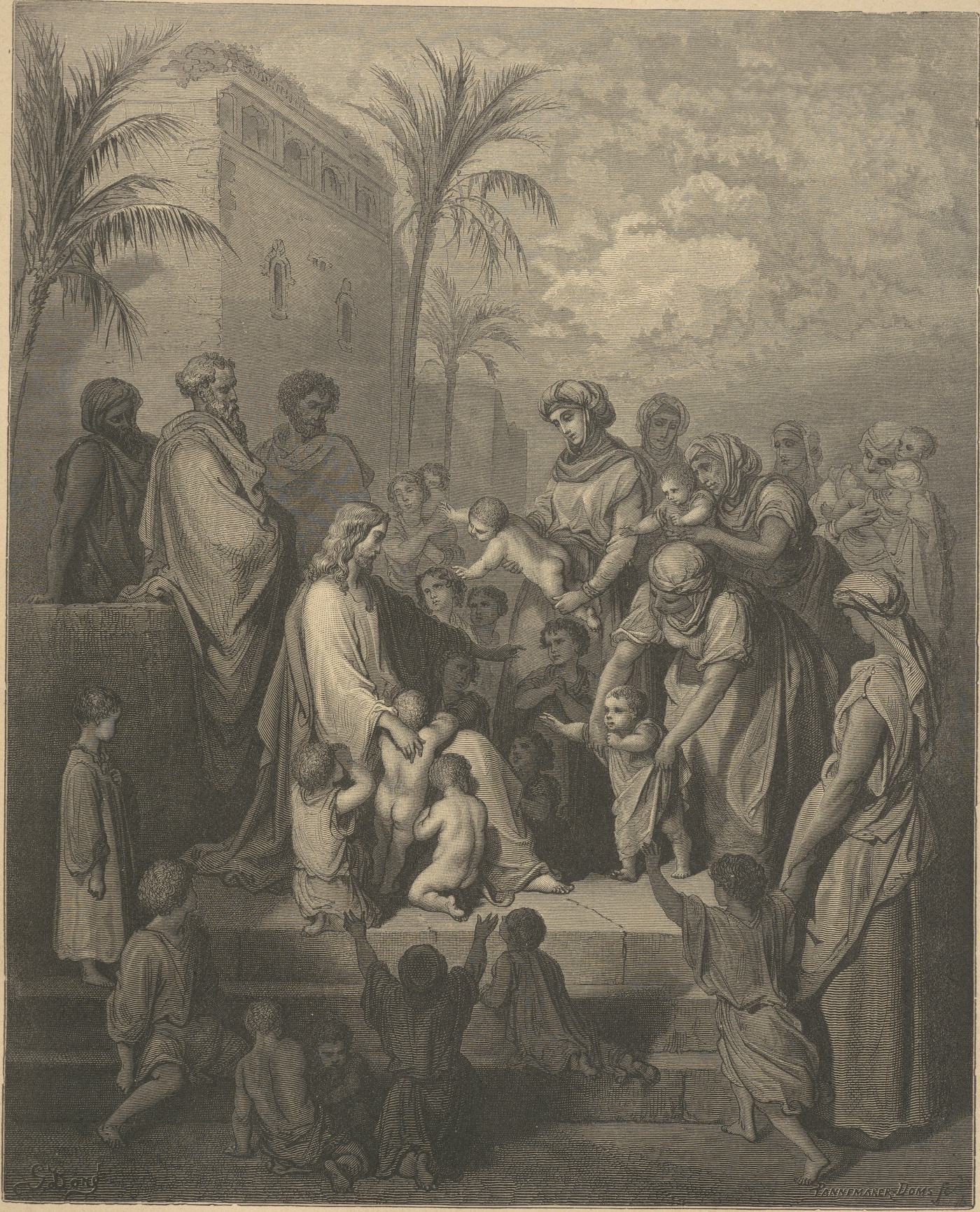 Jesus Blessing the Little Children, wood engraving by Gustave Doré, illustrating Mark 10:13