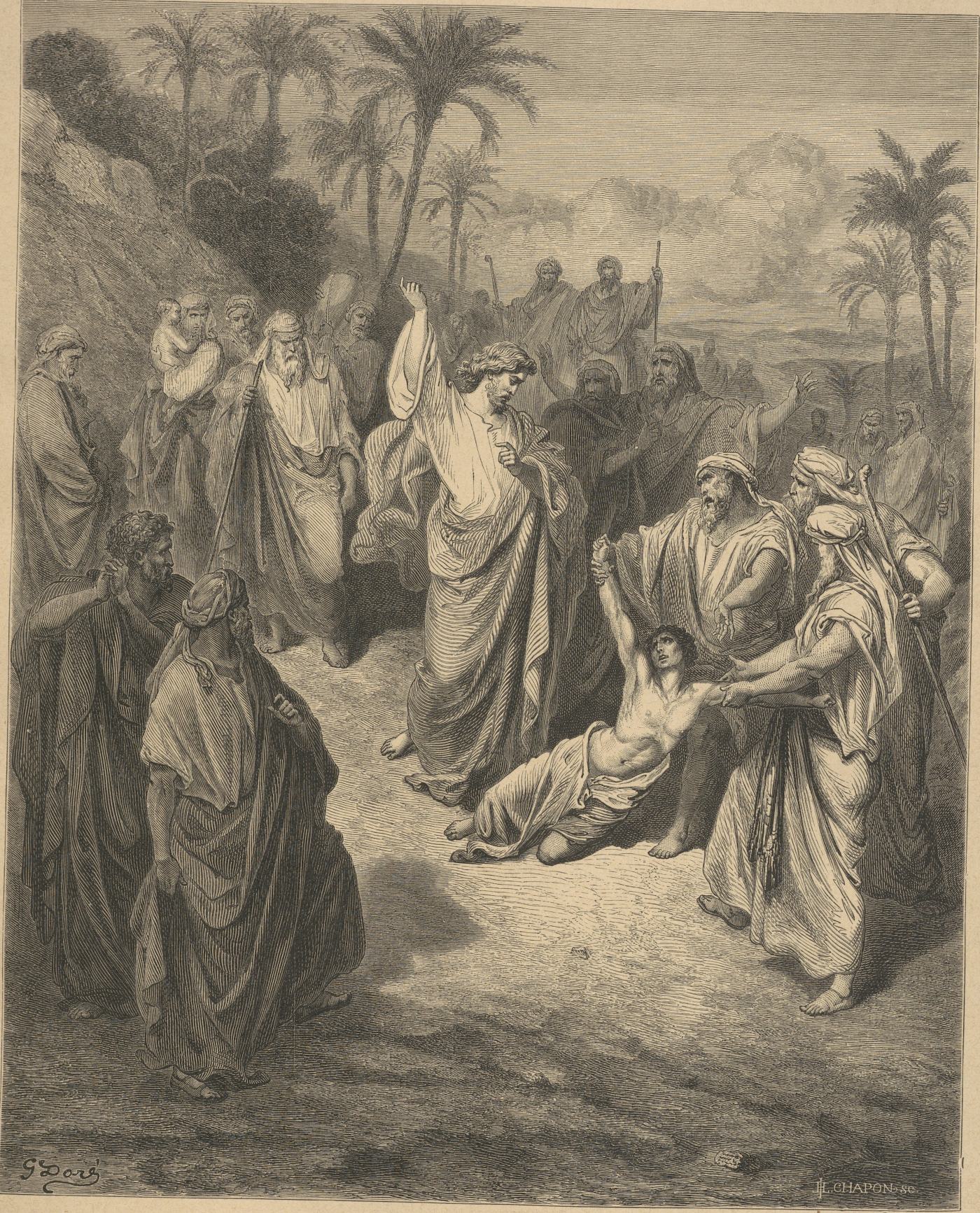 Jesus Healing the Lunatic, wood engraving by Gustave Doré, illustrating Matthew 17:14