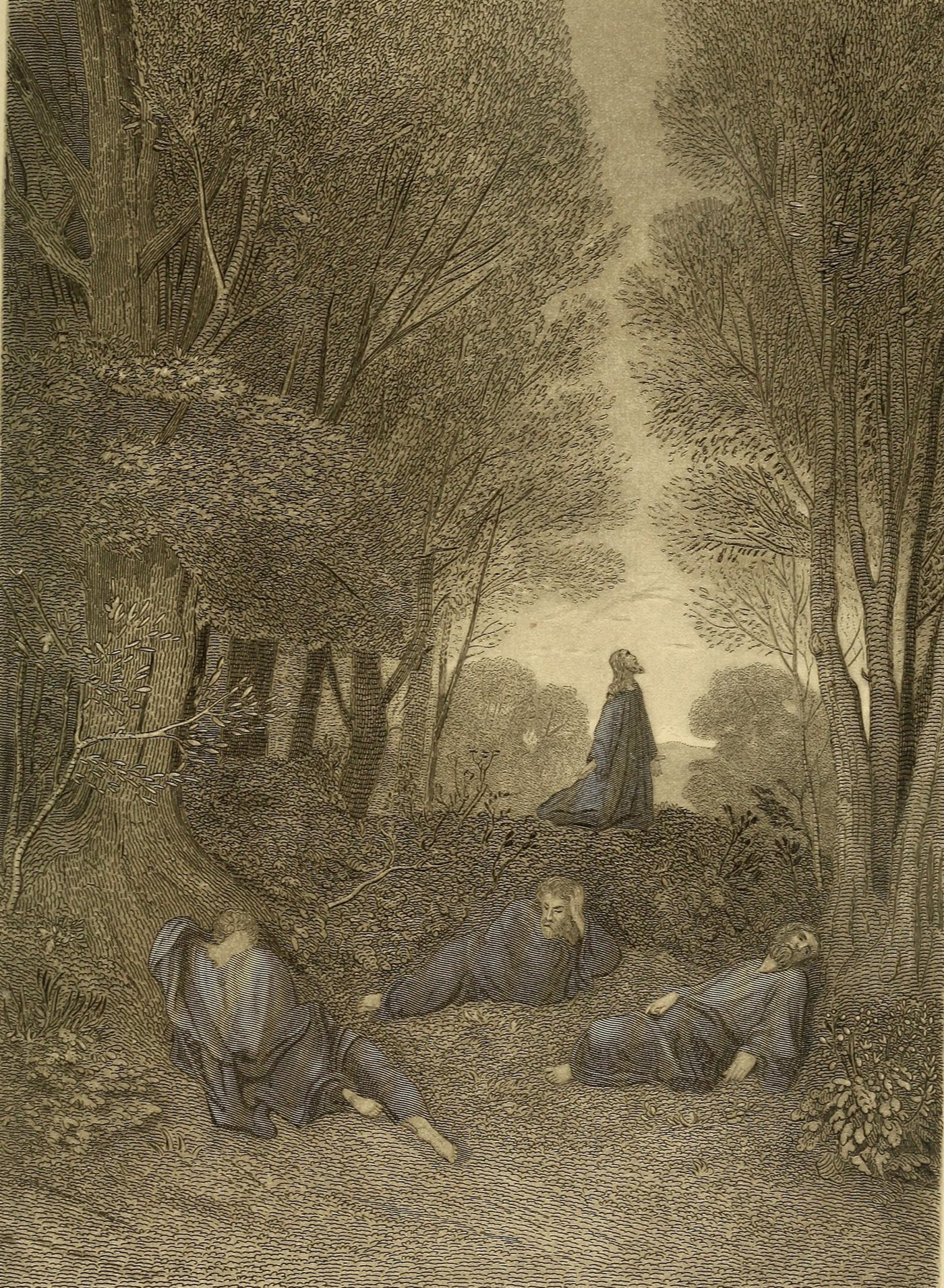Jesus Praying in the Garden, wood engraving by Gustave Doré, illustrating Matthew 26:40
