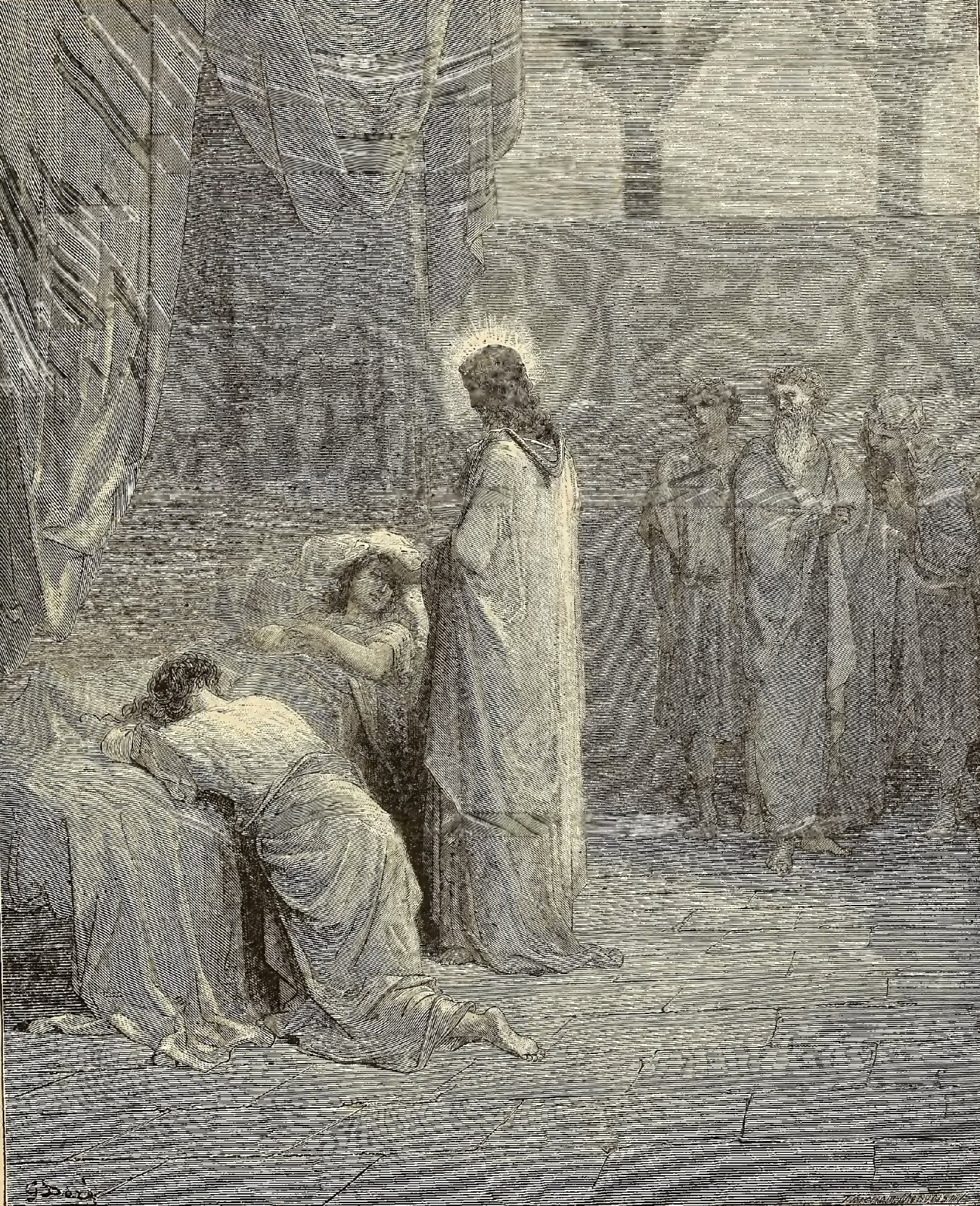 Jesus Raising Up the Daughter of Jairus, wood engraving by Gustave Doré, illustrating Luke 8:52