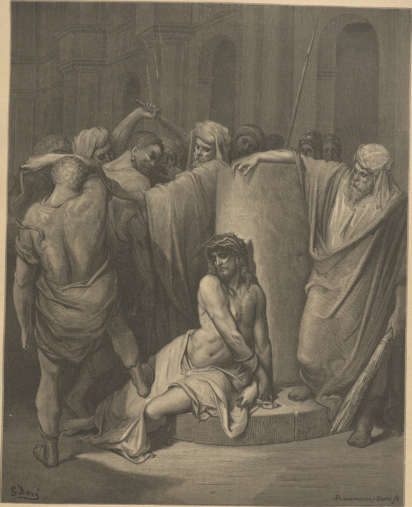 Jesus Scourged, wood engraving by Gustave Doré, illustrating Matthew 27:26