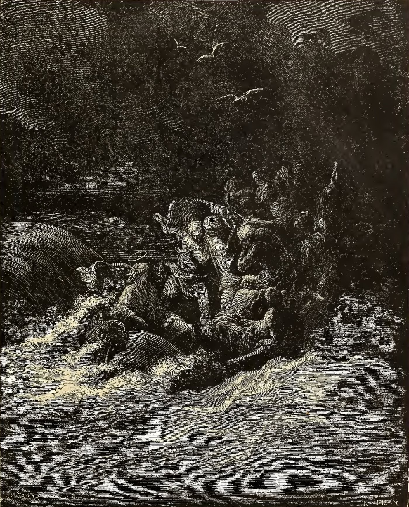 Jesus Stilling the Tempest, wood engraving by Gustave Doré, illustrating Mark 4:37