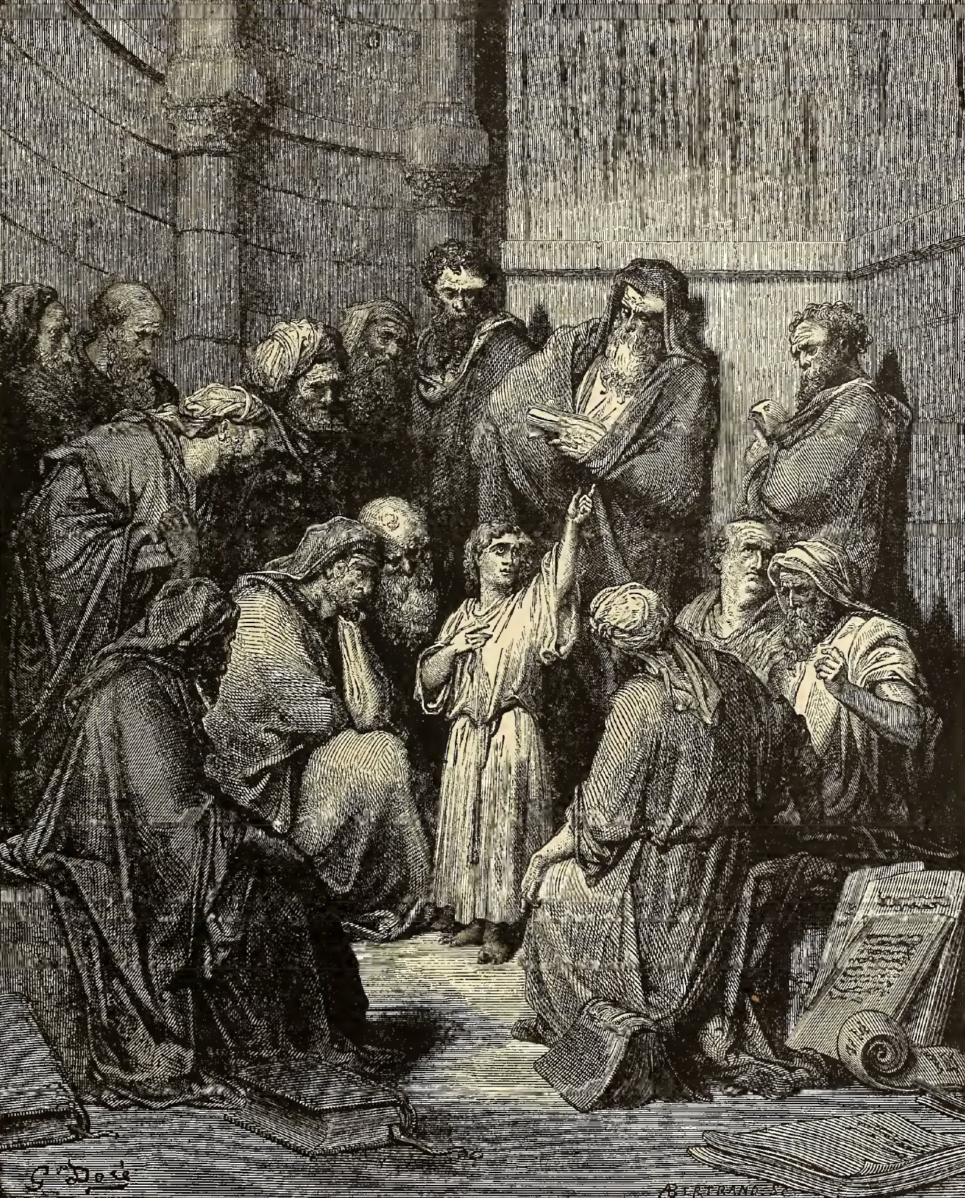 Jesus with the Doctors, wood engraving by Gustave Doré, illustrating Luke 2:46