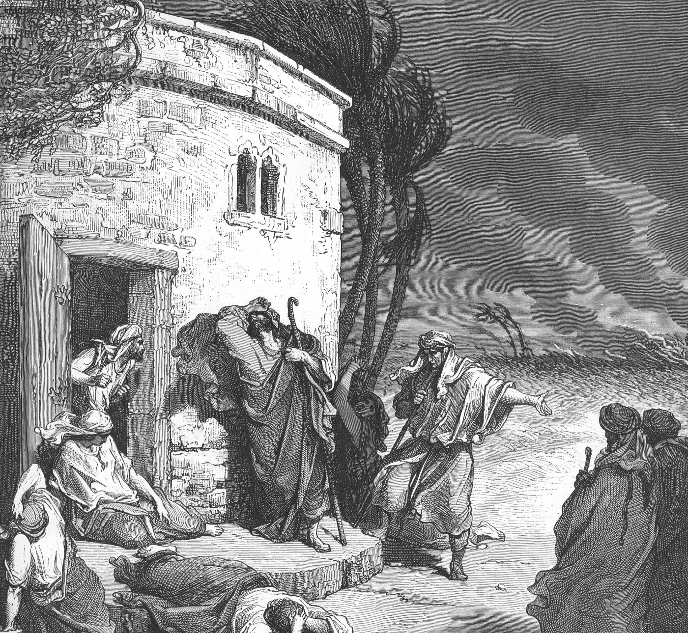 Job Hearing of His Ruin, wood engraving by Gustave Doré, illustrating Job 1:20
