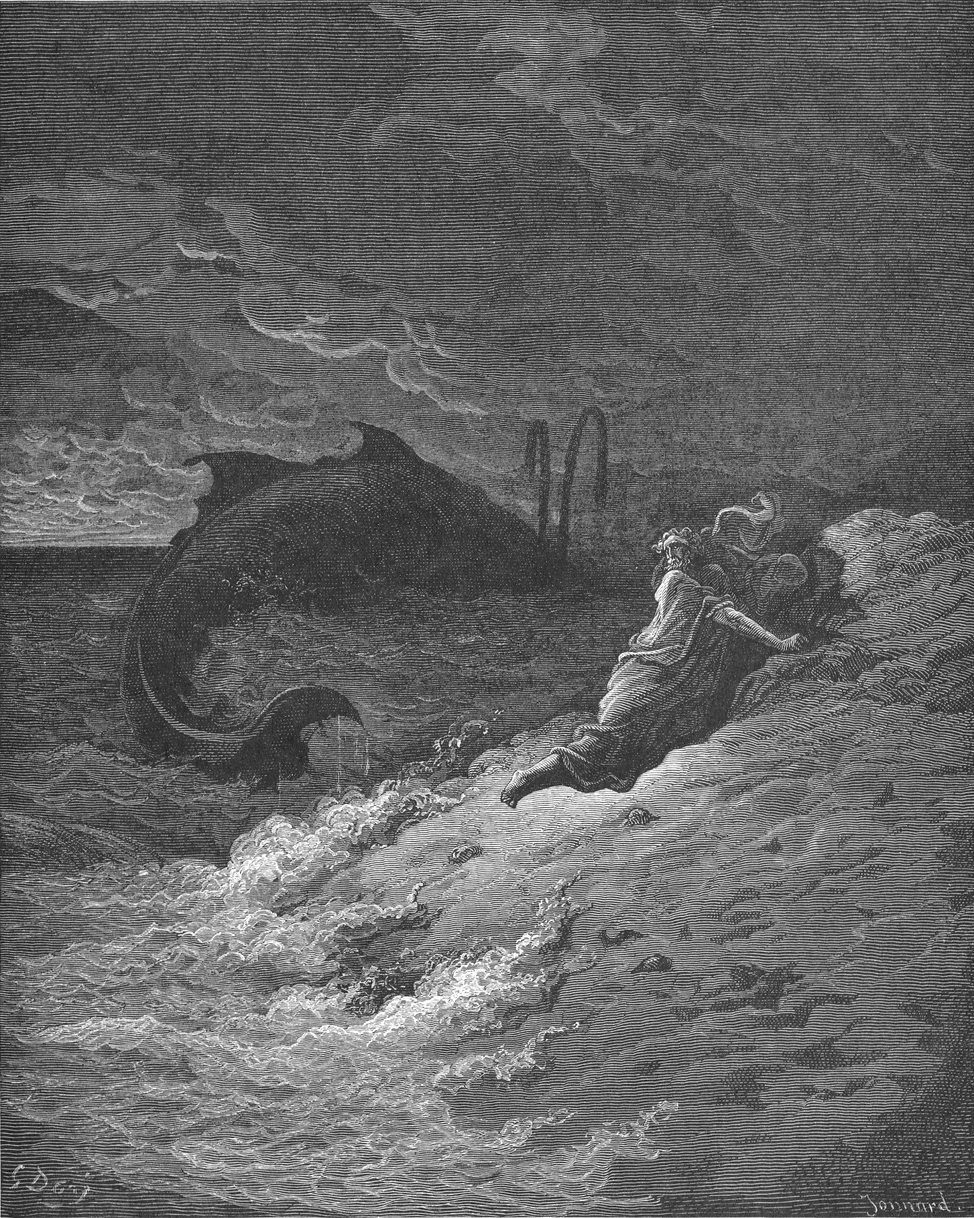 Jonah Cast Forth by the Whale, wood engraving by Gustave Doré, illustrating Jonah 2:1