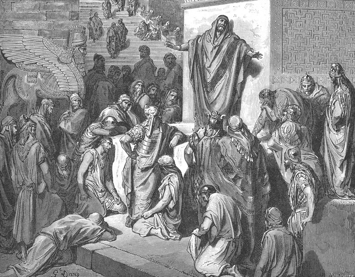 Jonah Preaching to the Ninevites, wood engraving by Gustave Doré, illustrating Jonah 3:4
