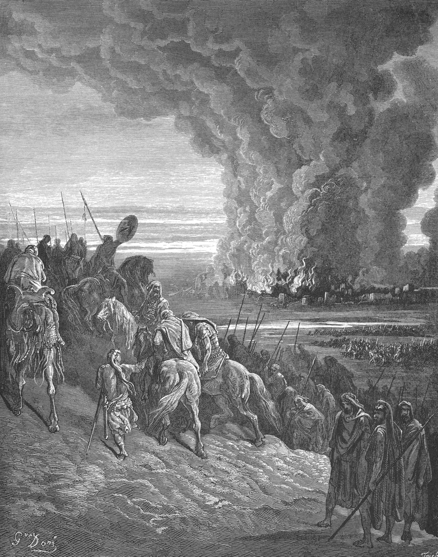 Joshua Committing the Town of Ai to Flames, wood engraving by Gustave Doré, illustrating Joshua 8:30