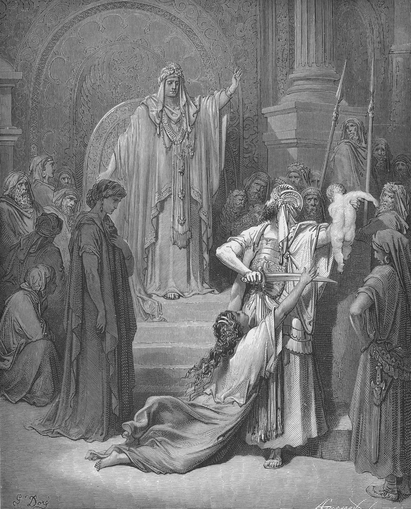 Judgment of Solomon, wood engraving by Gustave Doré, illustrating 1 Kings 3:25