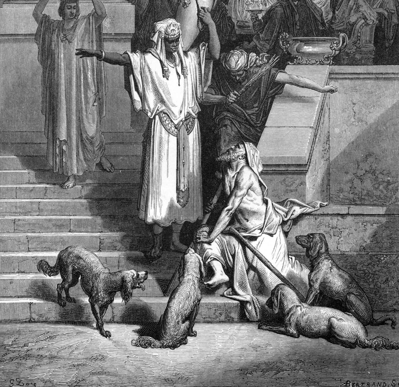 Lazarus at the Rich Man's House, wood engraving by Gustave Doré, illustrating Luke 16:20