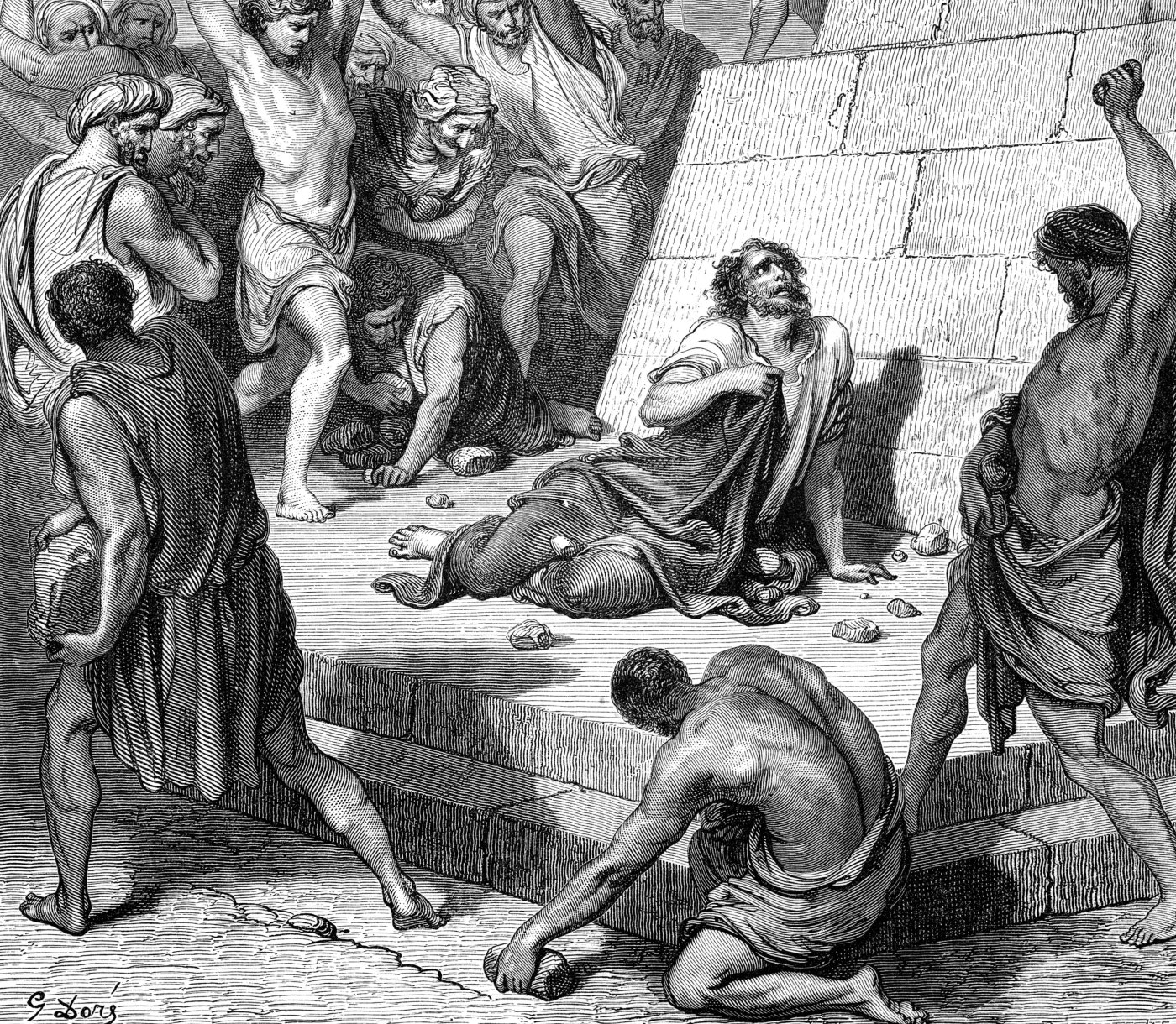 Martyrdom of St. Stephen, wood engraving by Gustave Doré, illustrating Acts 7:59