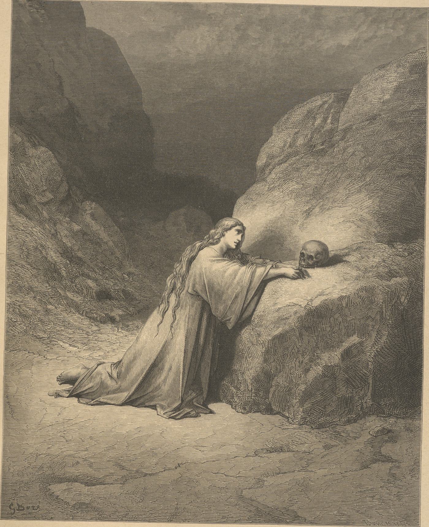 Mary Magdalene Repentant, wood engraving by Gustave Doré, illustrating Luke 8:2